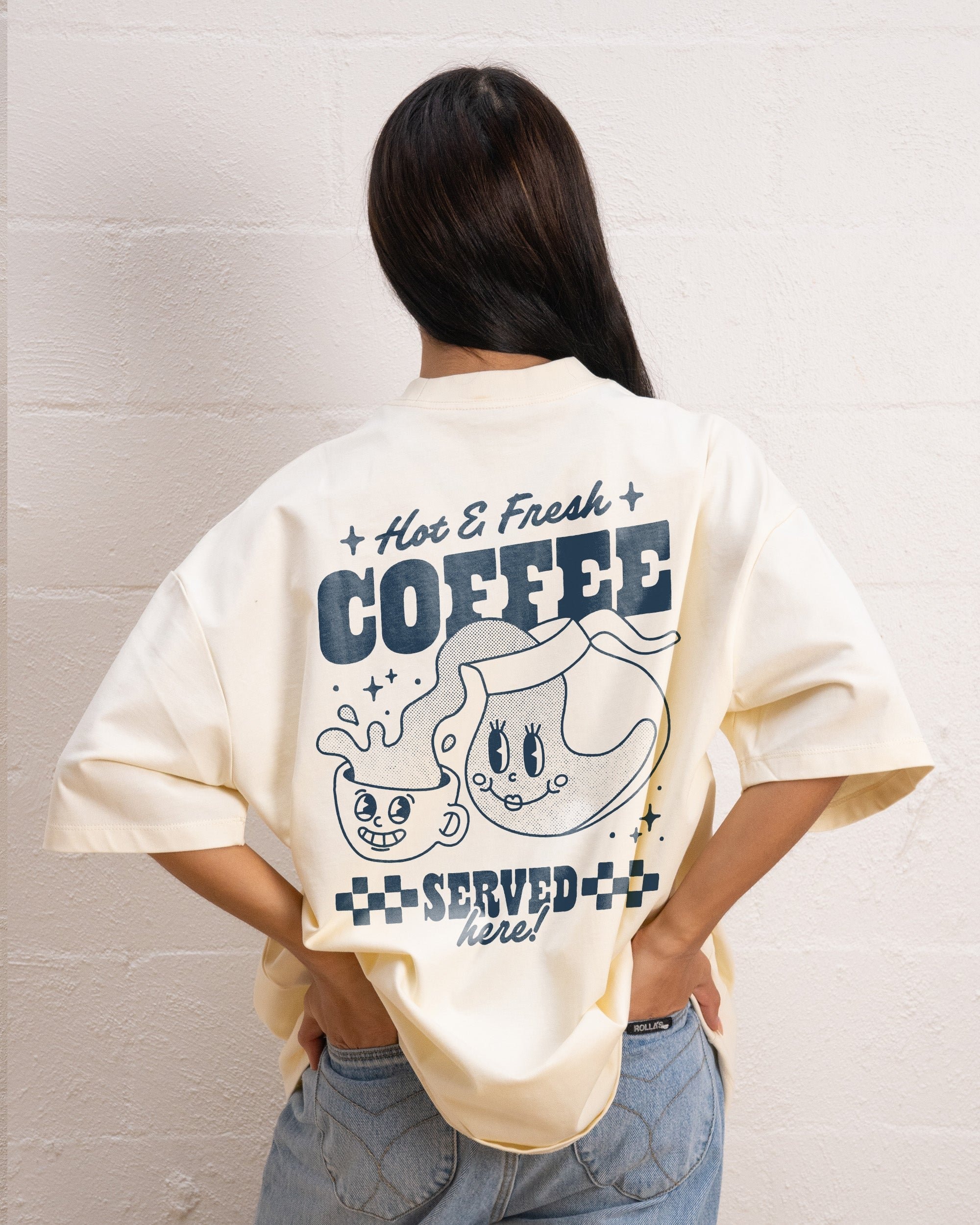Hot & Fresh Coffee Oversized Graphic Tee - Unisex 90s Boxy Fit 100% Combed Cotton