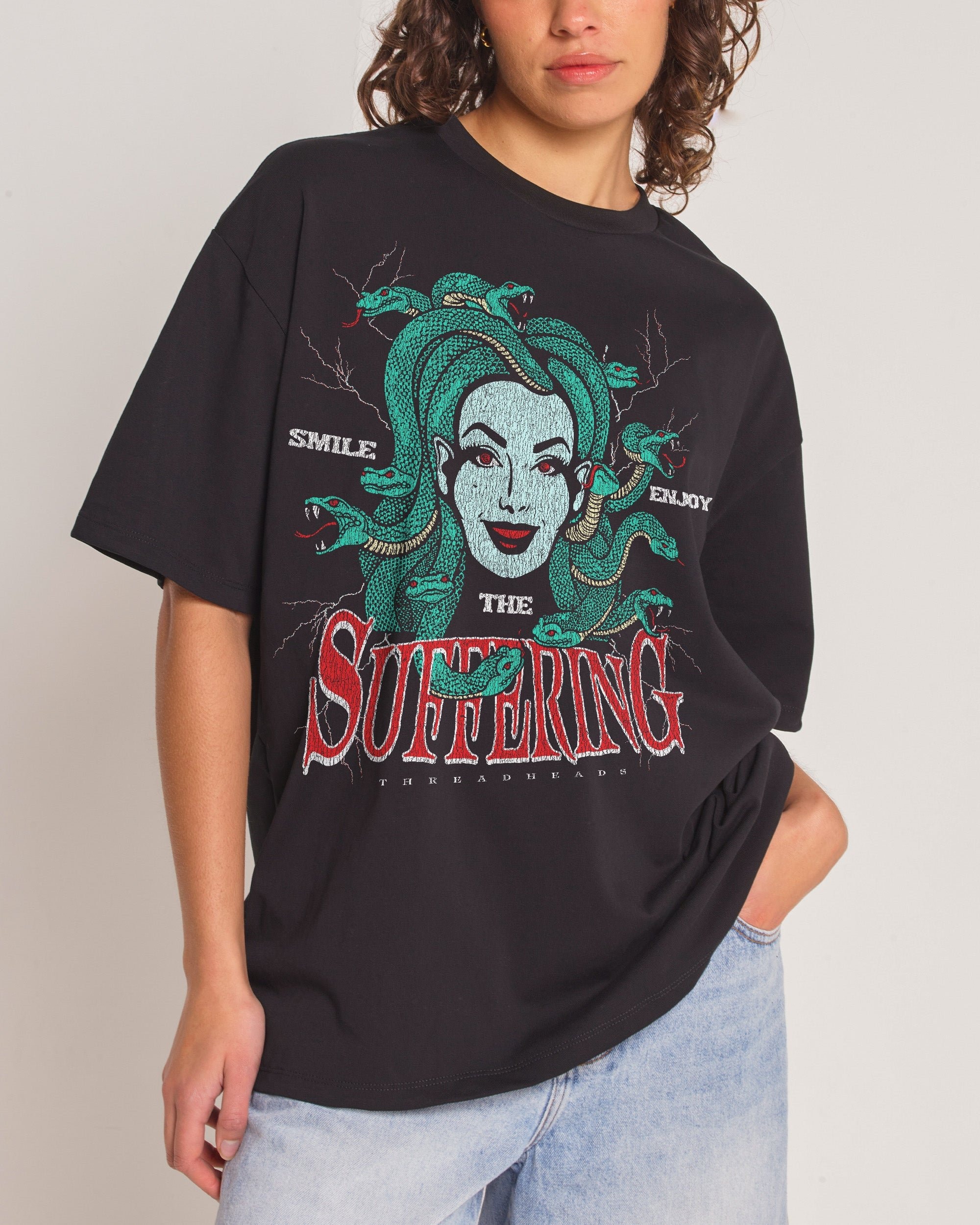Smile Suffering Oversized Graphic Tee - Threadheads 90s Boxy Fit Unisex Cotton