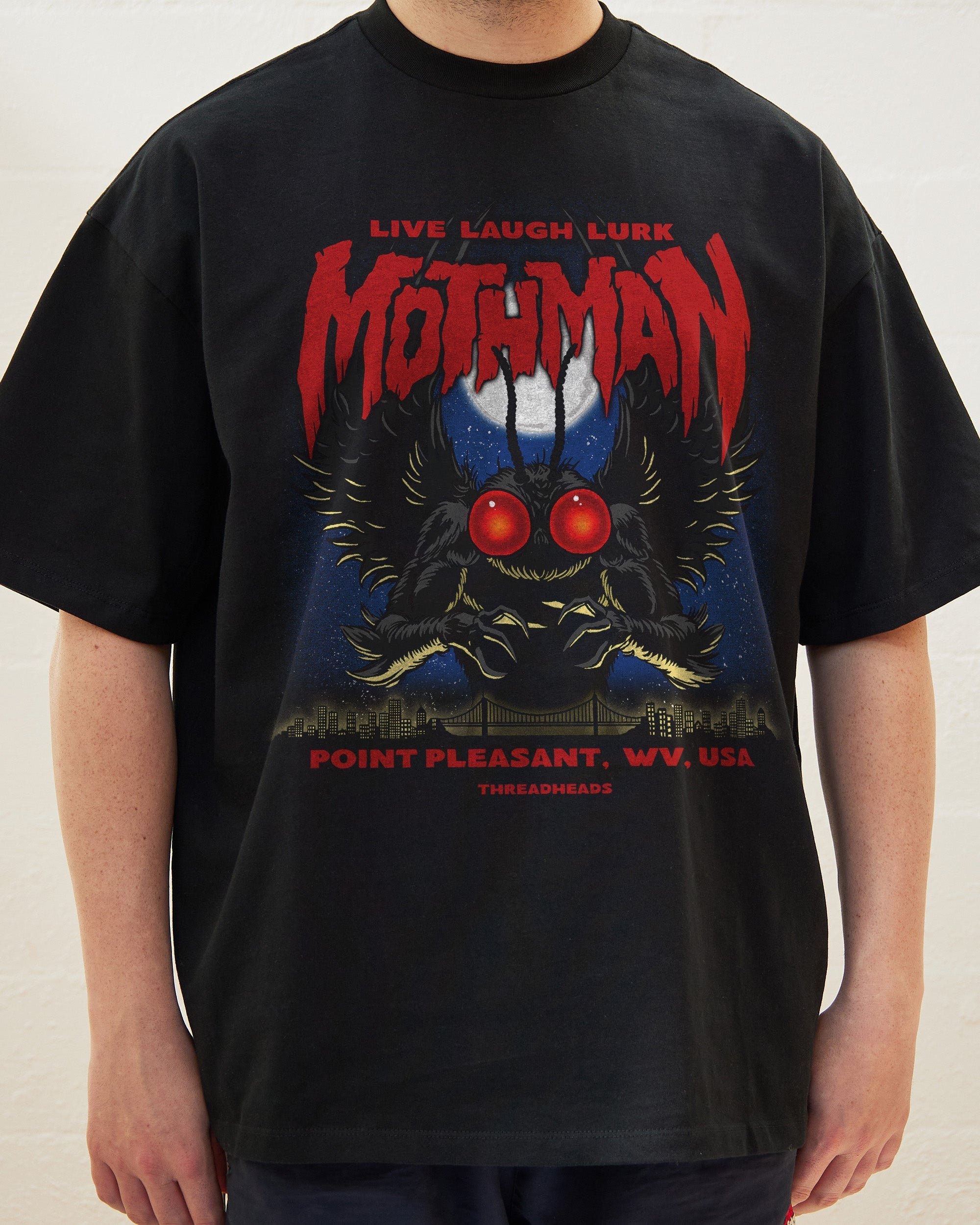 Mothman Live Laugh Lurk Oversized Graphic Tee Unisex 90s Boxy Fit 100% Combed Cotton