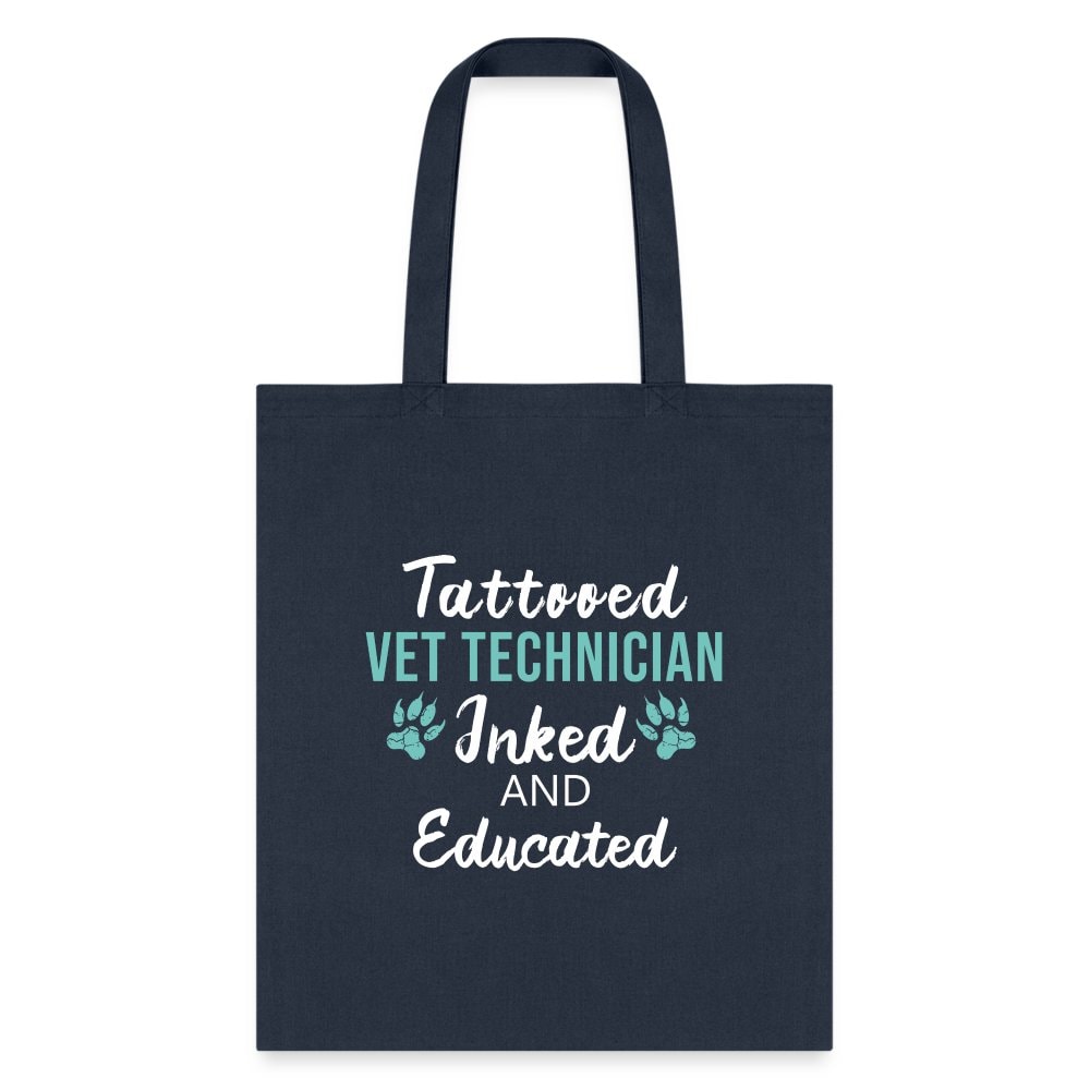 Inked and Educated Vet Technician Tote Bag - 18x18 Inch Black Lined Polyester Poplin
