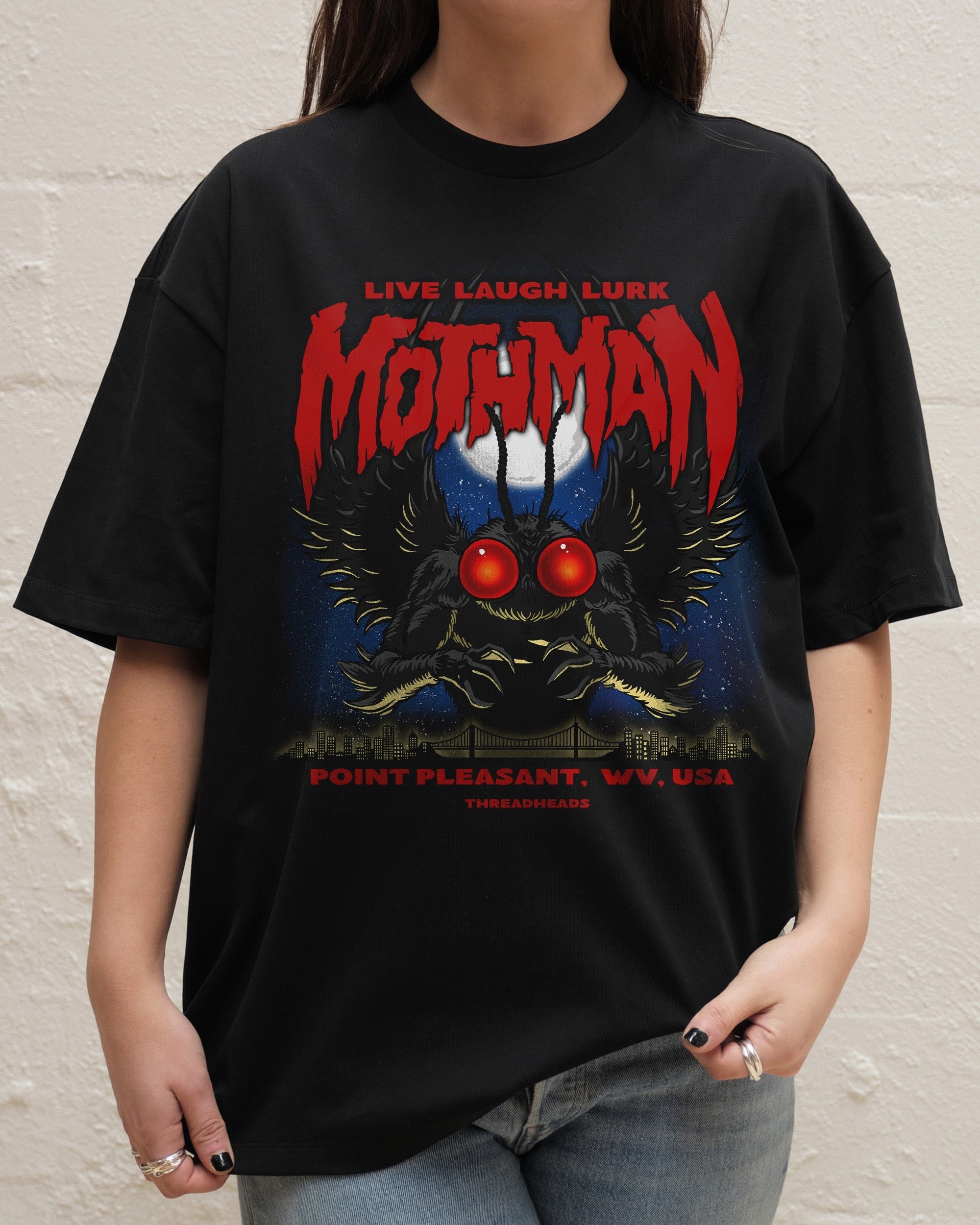 Mothman Live Laugh Lurk Oversized Graphic Tee Unisex 90s Boxy Fit 100% Combed Cotton