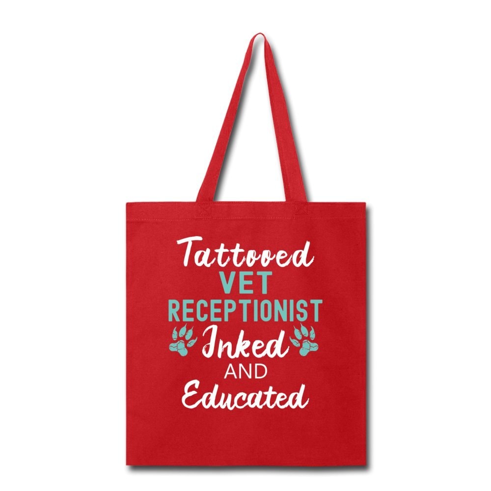 Inked and Educated Vet Receptionist Tote Bag - Funny Graphic Print Canvas Shoulder Bag
