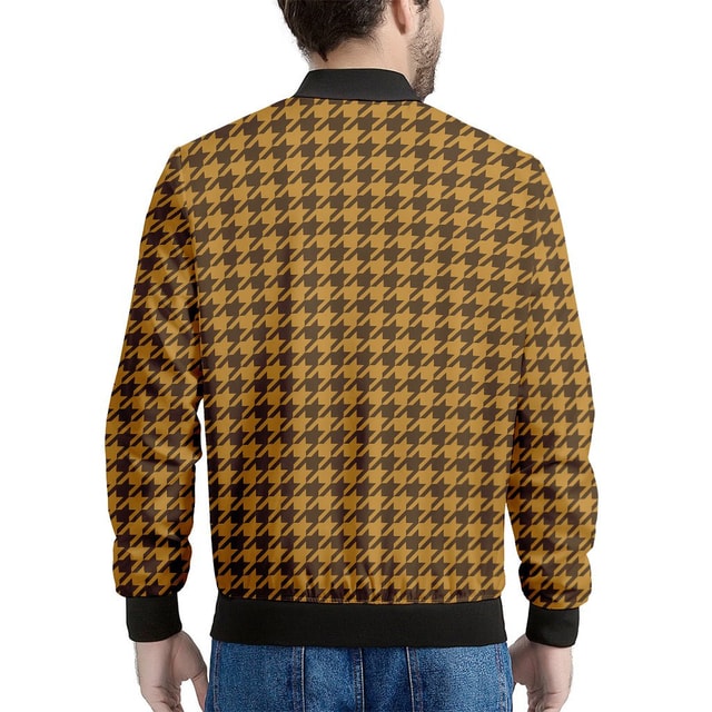 Brown Houndstooth Pattern Print Men's Bomber Jacket