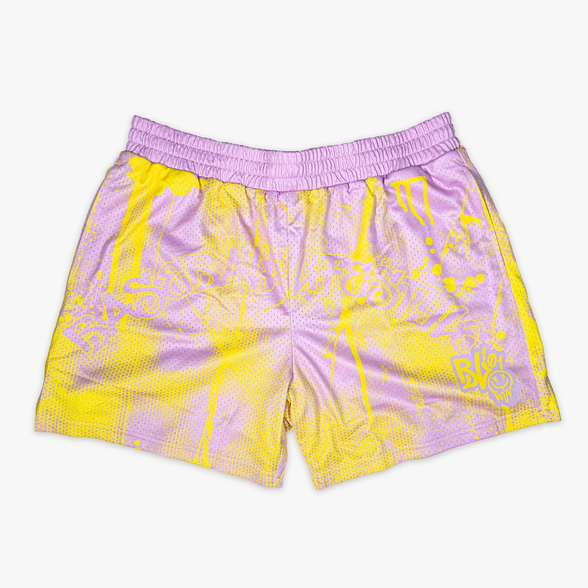 Retro Graffiti Shorts Pink Yellow Mens Athletic Mesh Performance Shorts