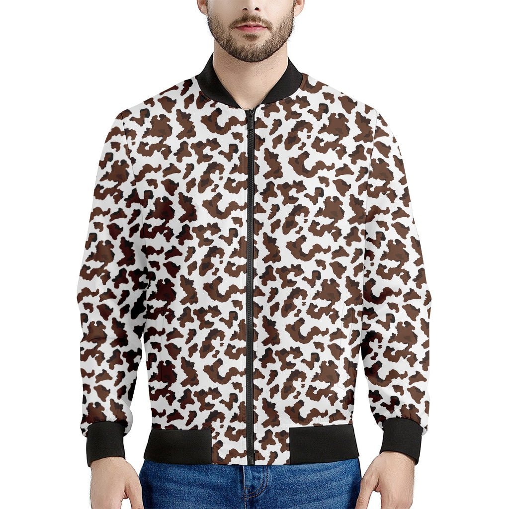 Brown and White Cow Pattern Print Men's Bomber Jacket