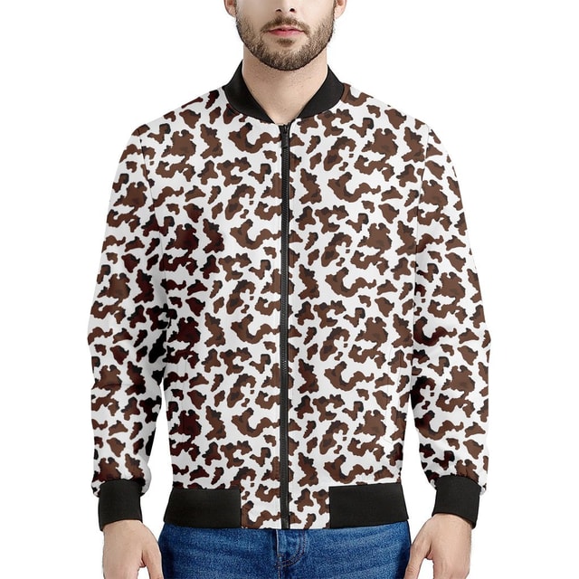 Brown and White Cow Pattern Print Men's Bomber Jacket