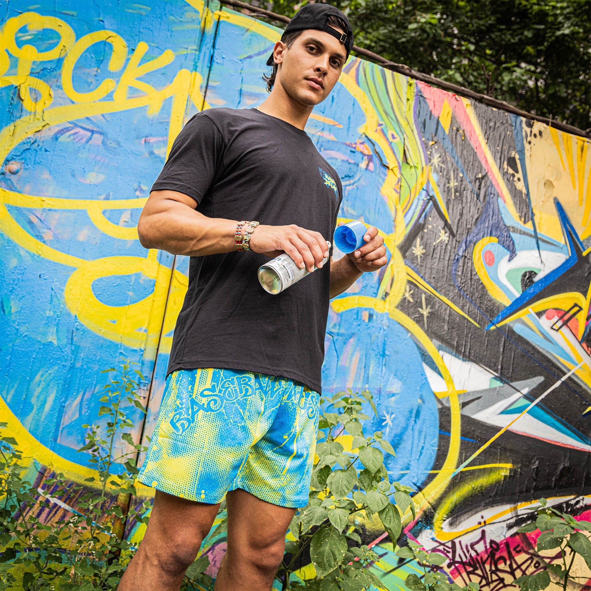 Retro Graffiti Mesh Shorts - Blue/Yellow Athletic Streetwear