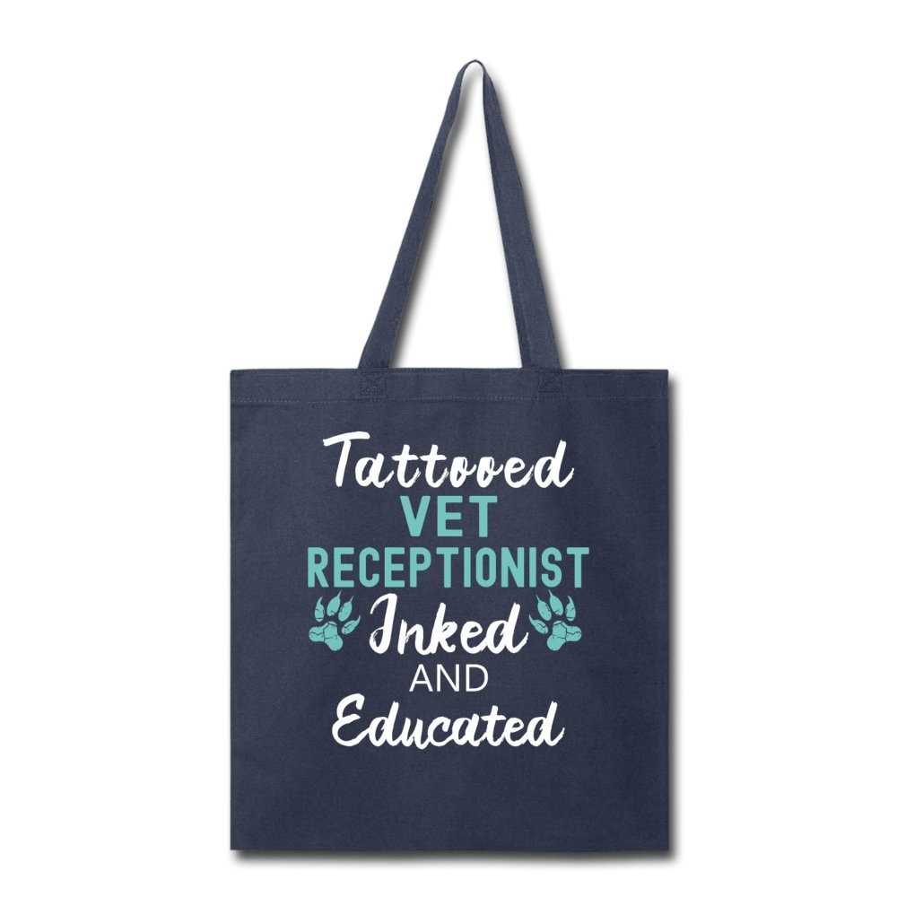 Inked and Educated Vet Receptionist Tote Bag - Funny Graphic Print Canvas Shoulder Bag