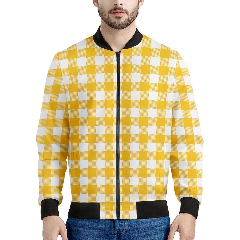 Canary Yellow and White Gingham Print Men's Bomber Jacket