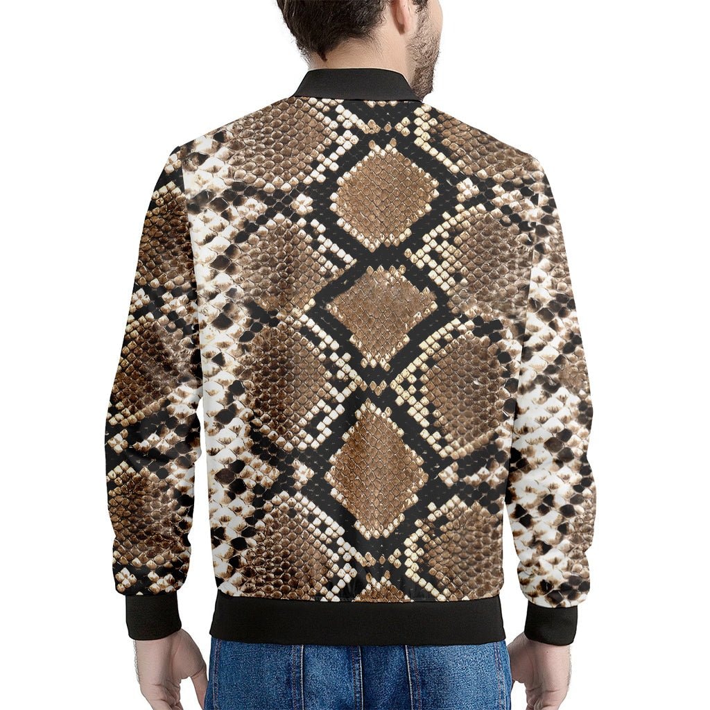 Brown Python Snakeskin Print Men's Bomber Jacket - Premium Polyester Blend