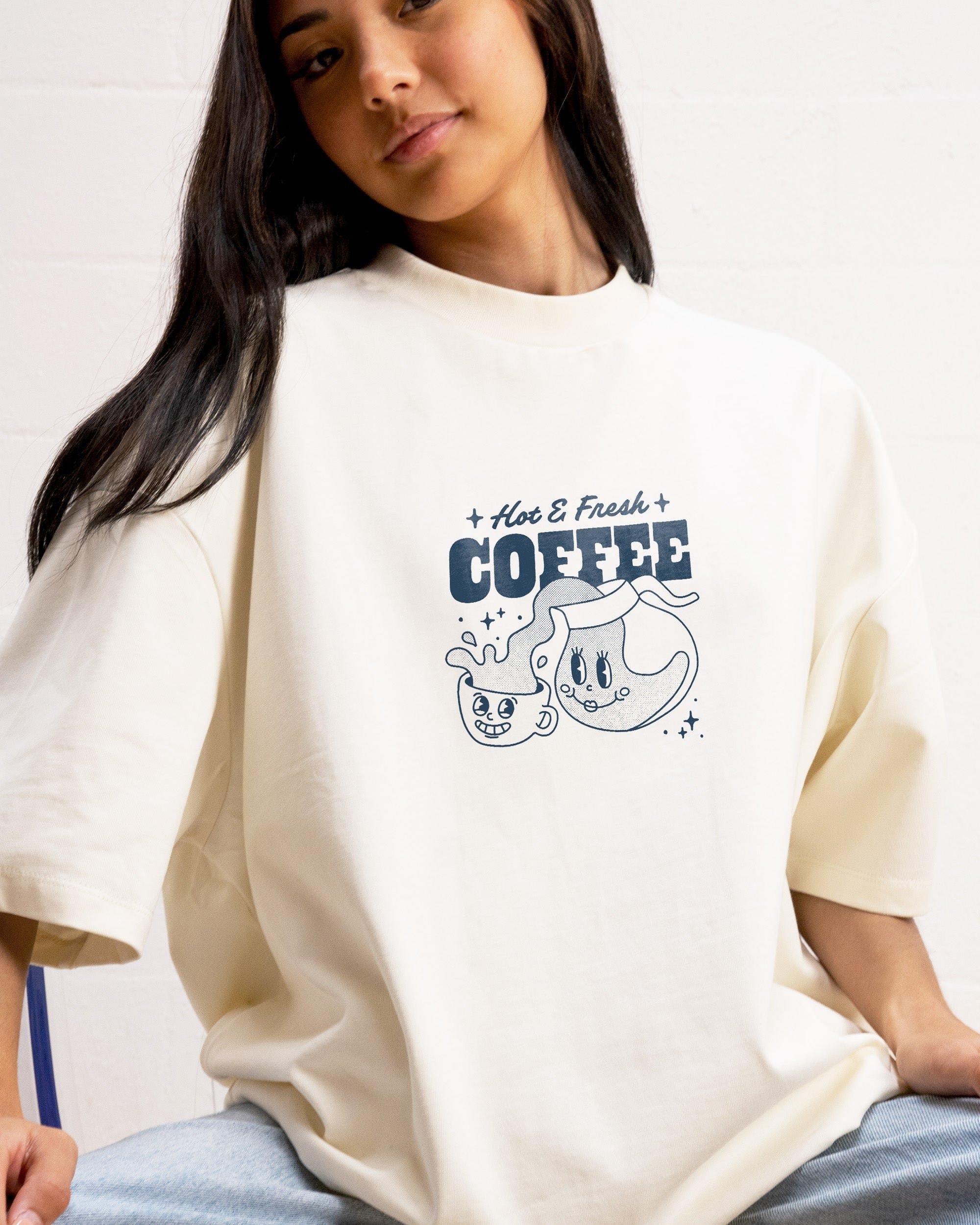 Hot & Fresh Coffee Oversized Graphic Tee - Unisex 90s Boxy Fit 100% Combed Cotton
