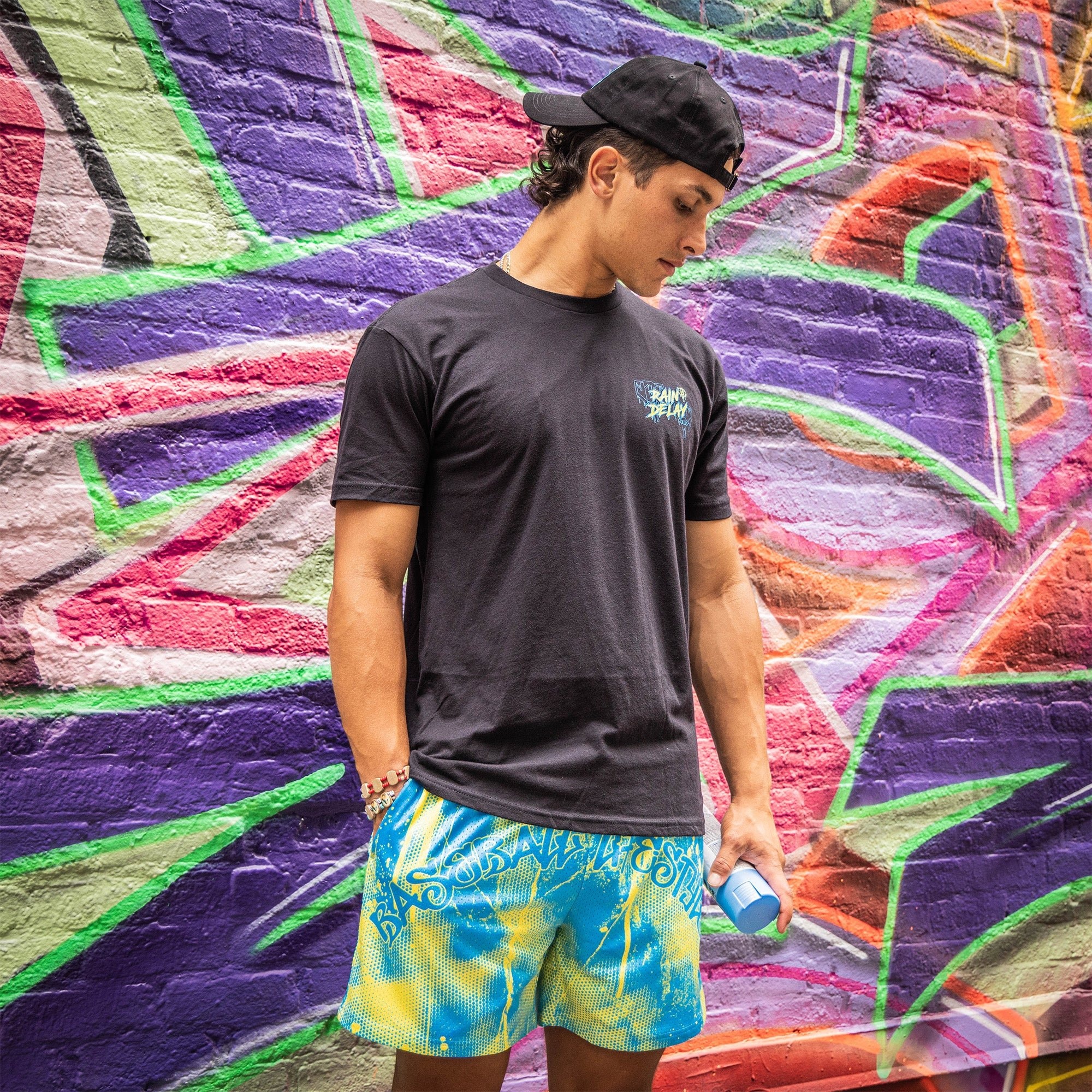 Retro Graffiti Mesh Shorts - Blue/Yellow Athletic Streetwear