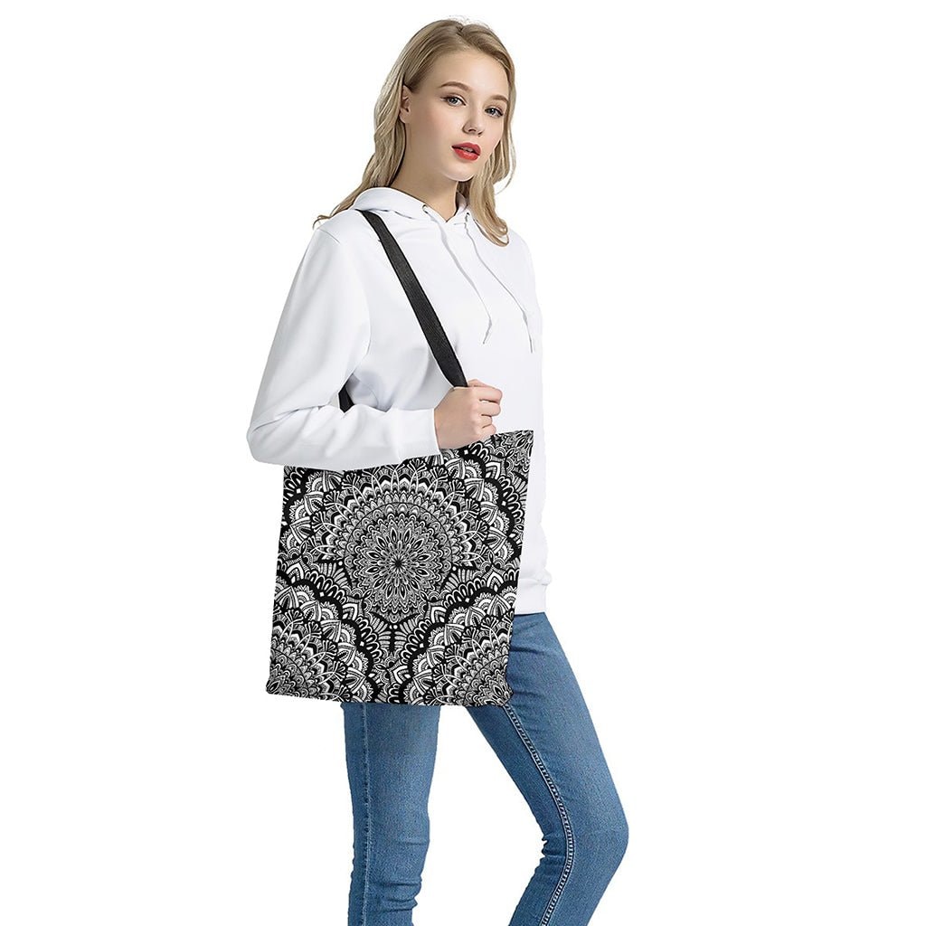 White and Black Mandala Print Tote Bag - Polyester Double-Sided Handcrafted