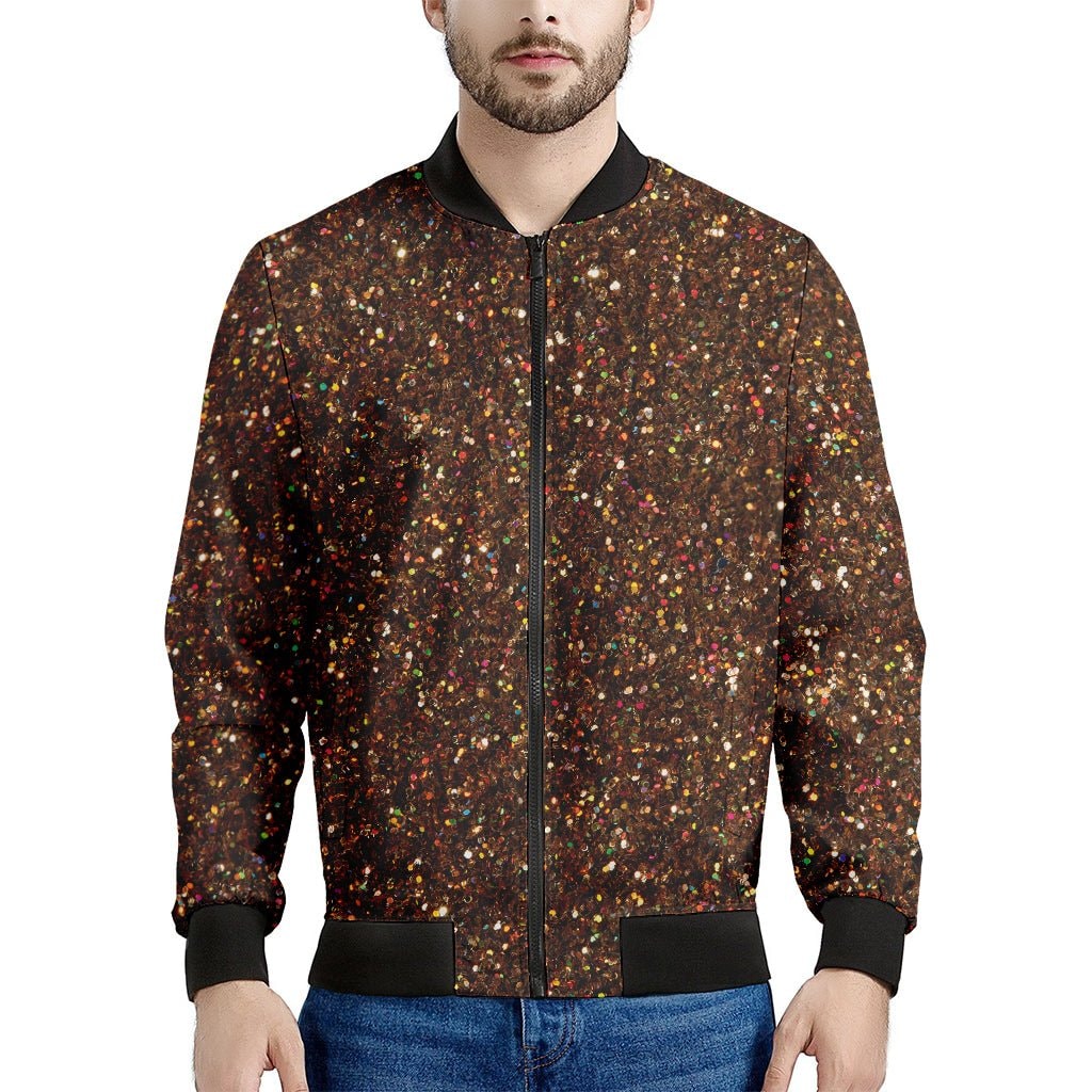 Brown Glitter Print Men's Bomber Jacket - Premium Polyester Blend