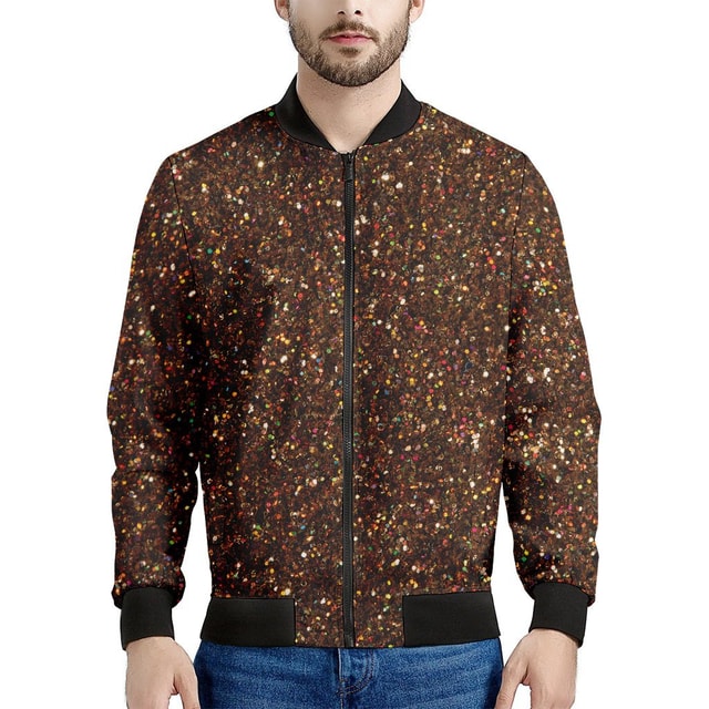 Brown Glitter Print Men's Bomber Jacket - Premium Polyester Blend