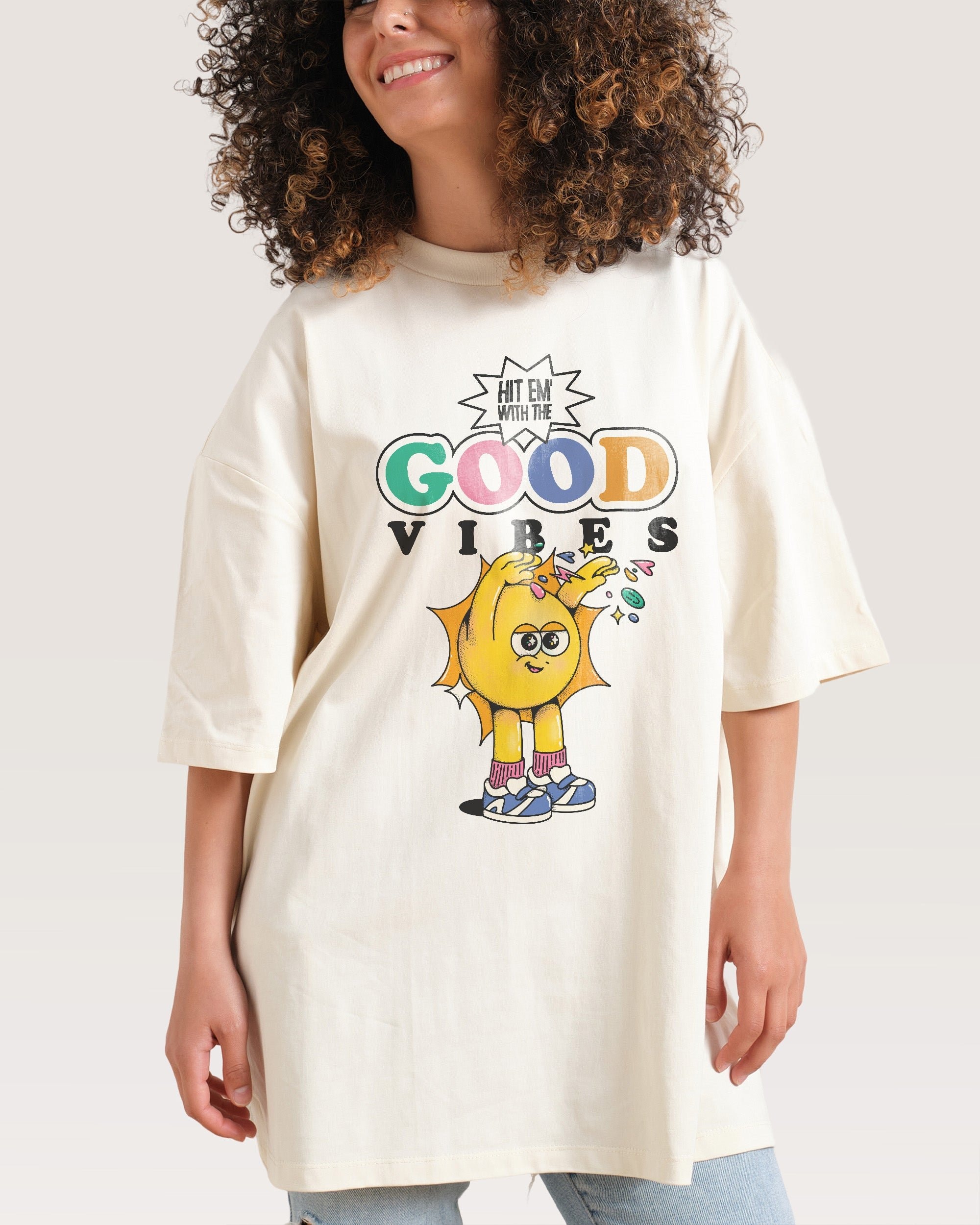 Good Vibes Oversized Graphic Tee - Unisex 90s Boxy Fit 100% Combed Cotton