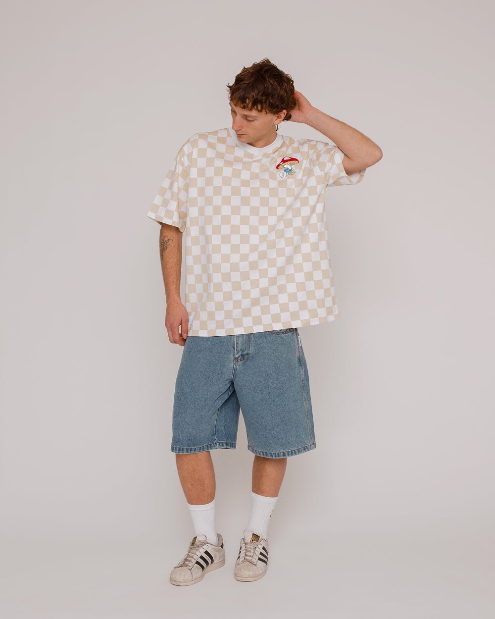 Smurf Check Oversized Graphic Tee - Unisex 90s Boxy Fit 100% Combed Cotton