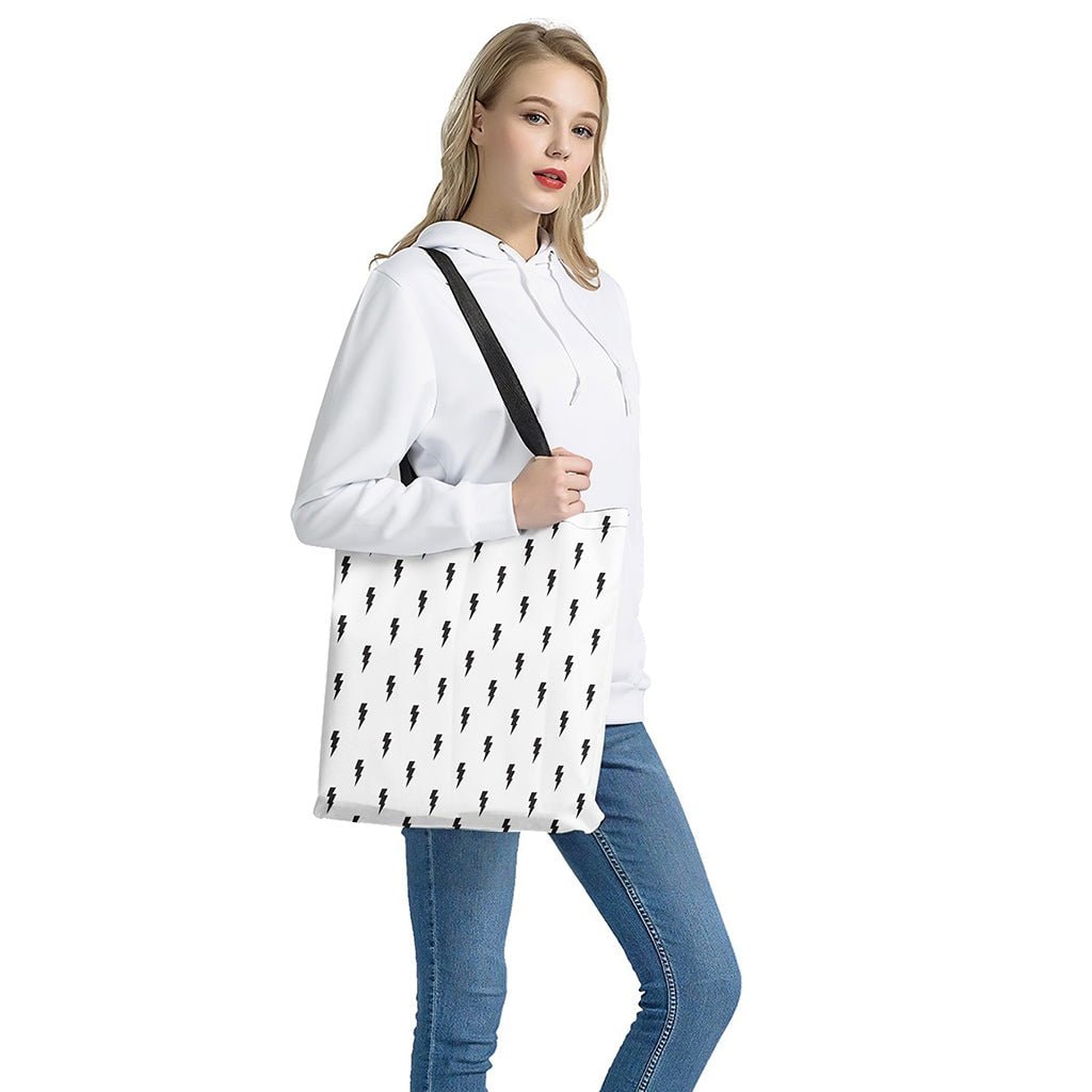 White Black Lightning Pattern Print Polyester Tote Bag