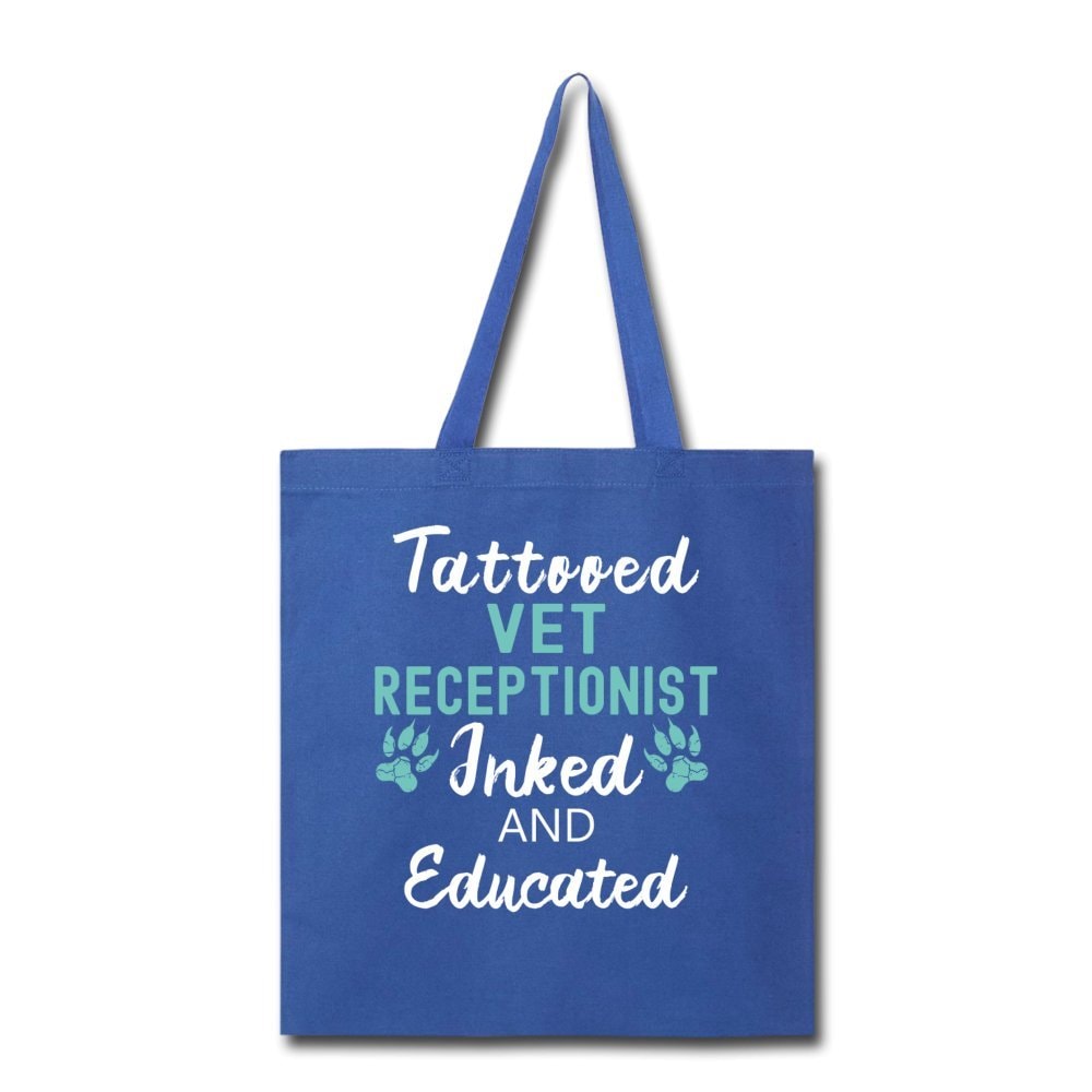 Inked and Educated Vet Receptionist Tote Bag - Funny Graphic Print Canvas Shoulder Bag