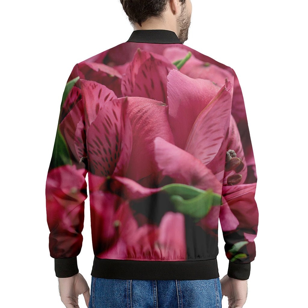 Burgundy Alstroemeria Print Men's Bomber Jacket - Premium Polyester Blend