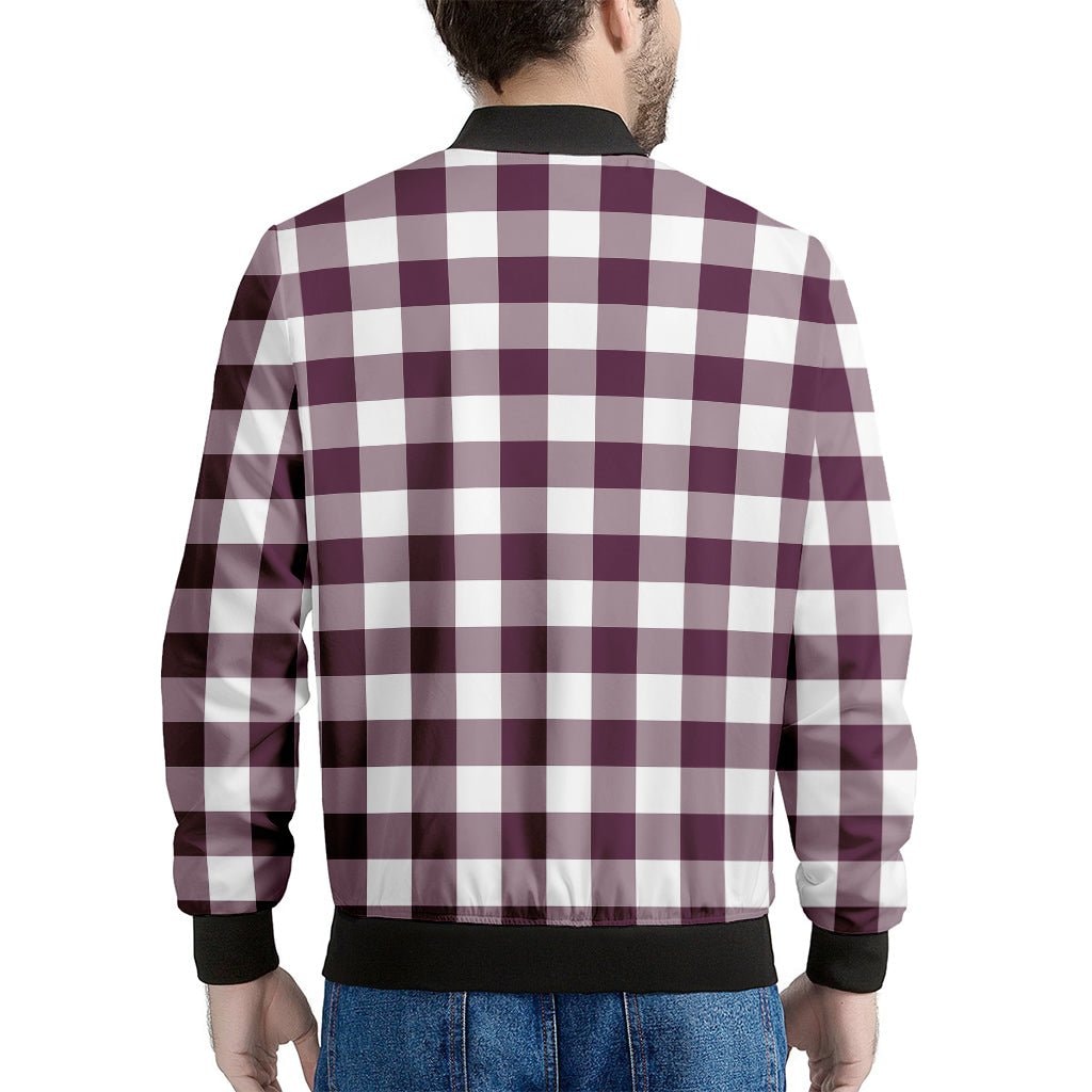 Burgundy and White Check Pattern Print Men's Bomber Jacket