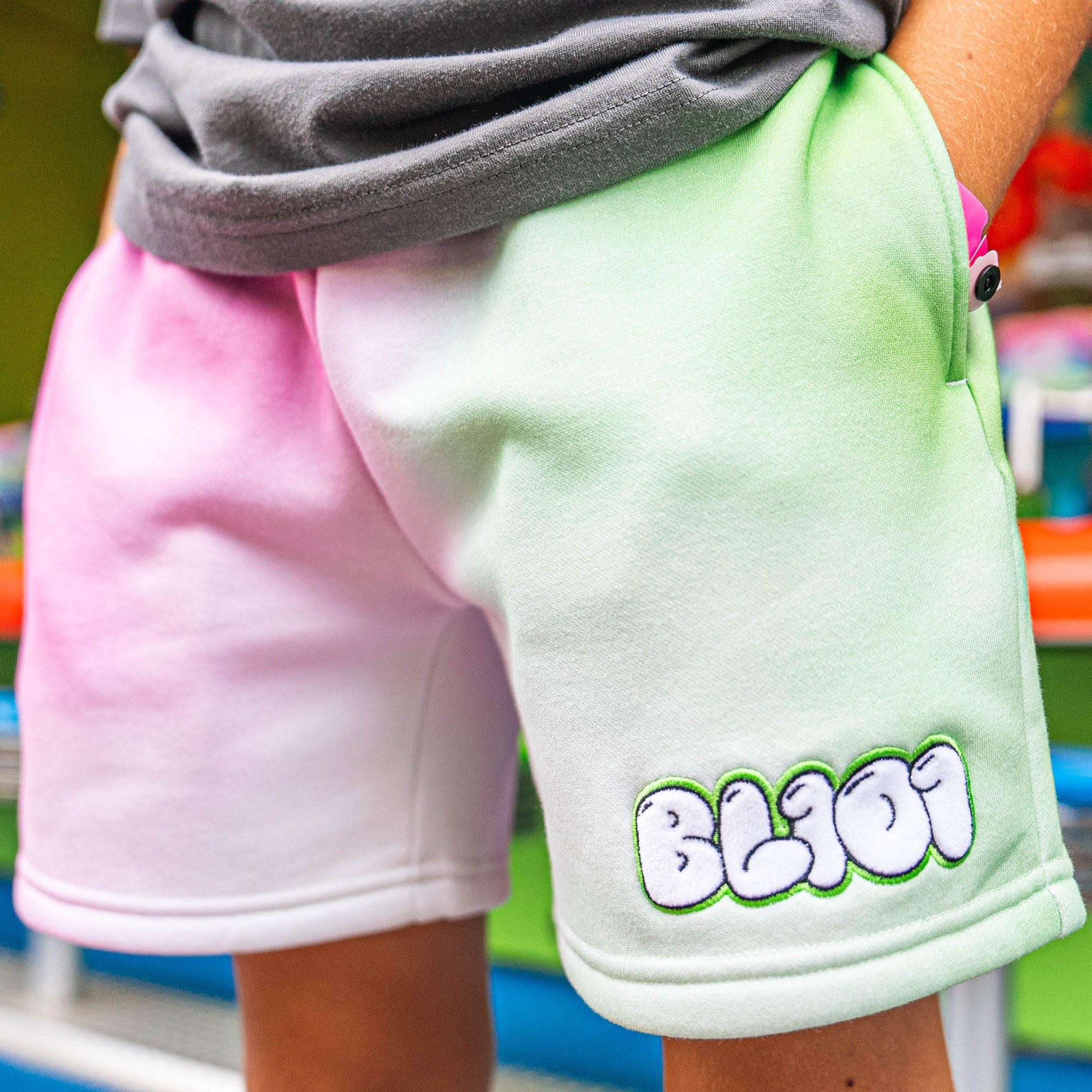 Cotton Candy Youth Sweatshorts - Sour Apple Fleece Shorts with Chenille Patch