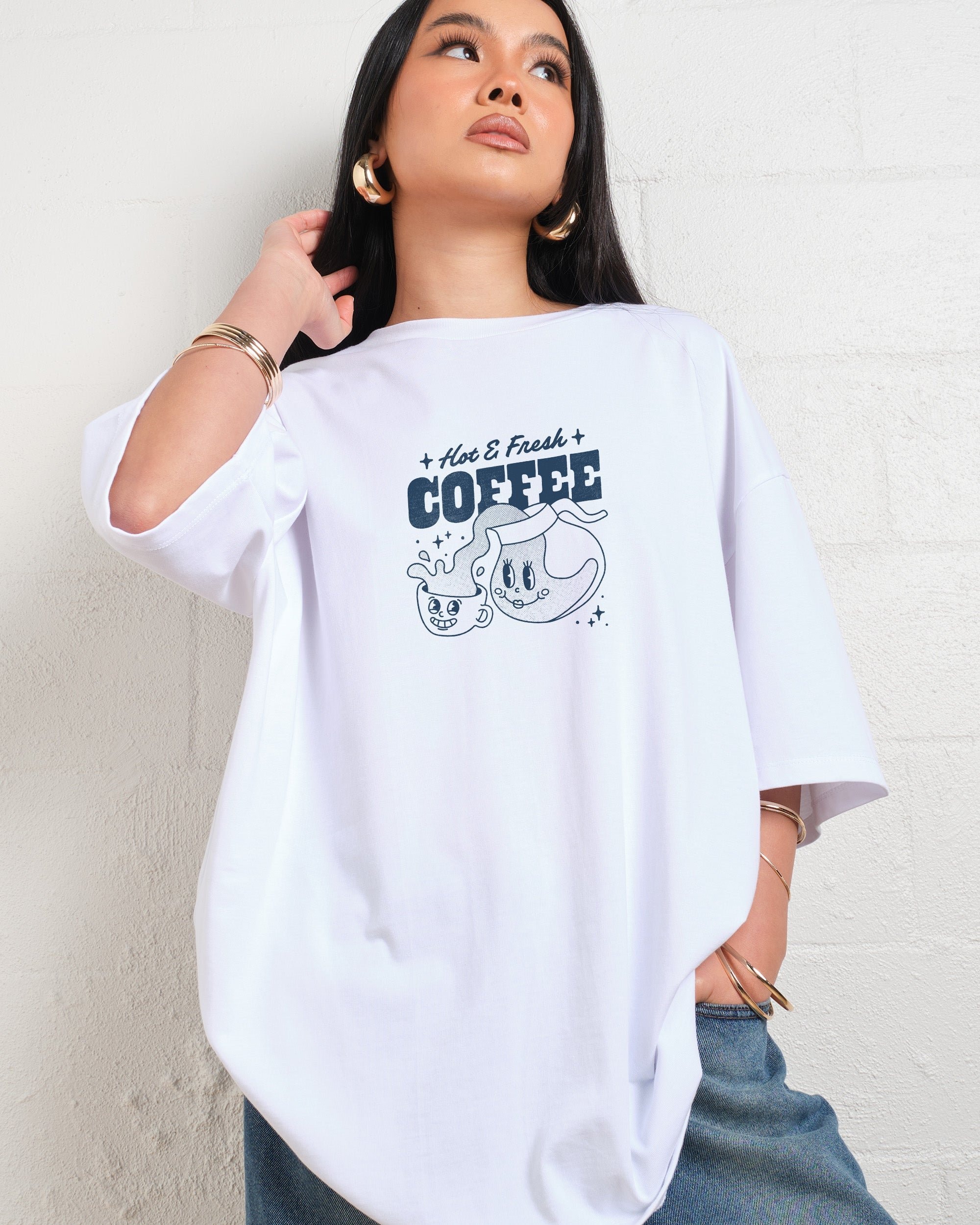 Hot & Fresh Coffee Oversized Graphic Tee - Unisex 90s Boxy Fit 100% Combed Cotton