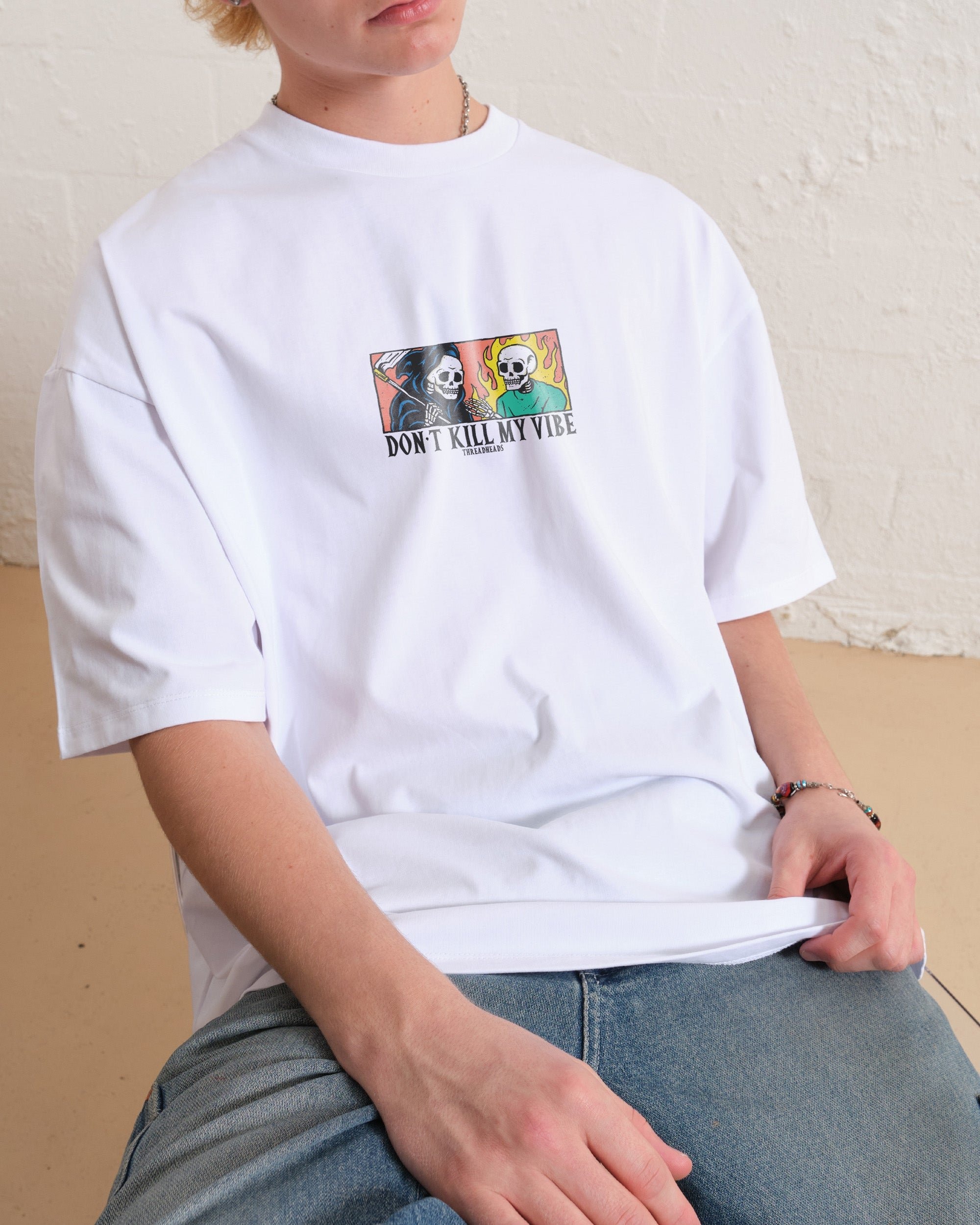 Don't Kill My Vibe Oversized Graphic Tee - Unisex 90s Boxy Fit 100% Combed Cotton