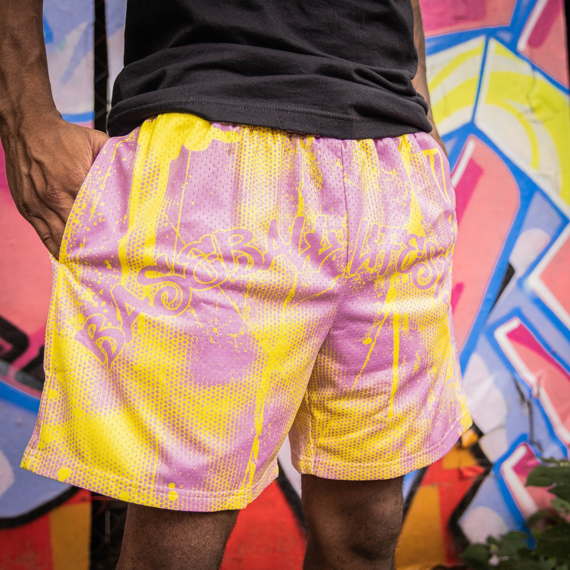 Retro Graffiti Shorts Pink Yellow Mens Athletic Mesh Performance Shorts