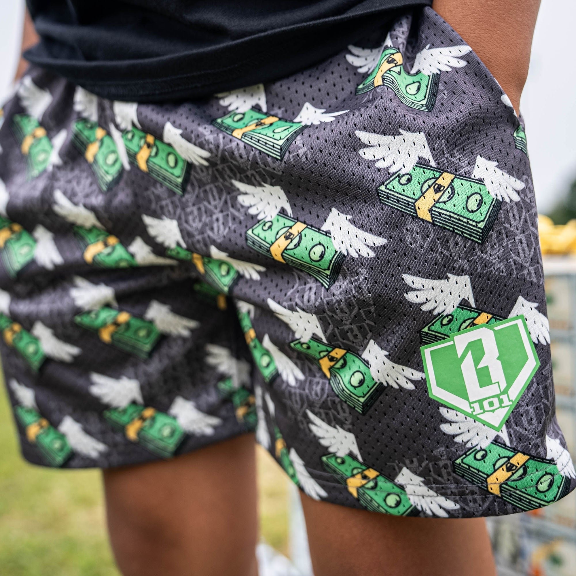 Brick by Brick Mesh Shorts - Flying Money Stack Allover Print