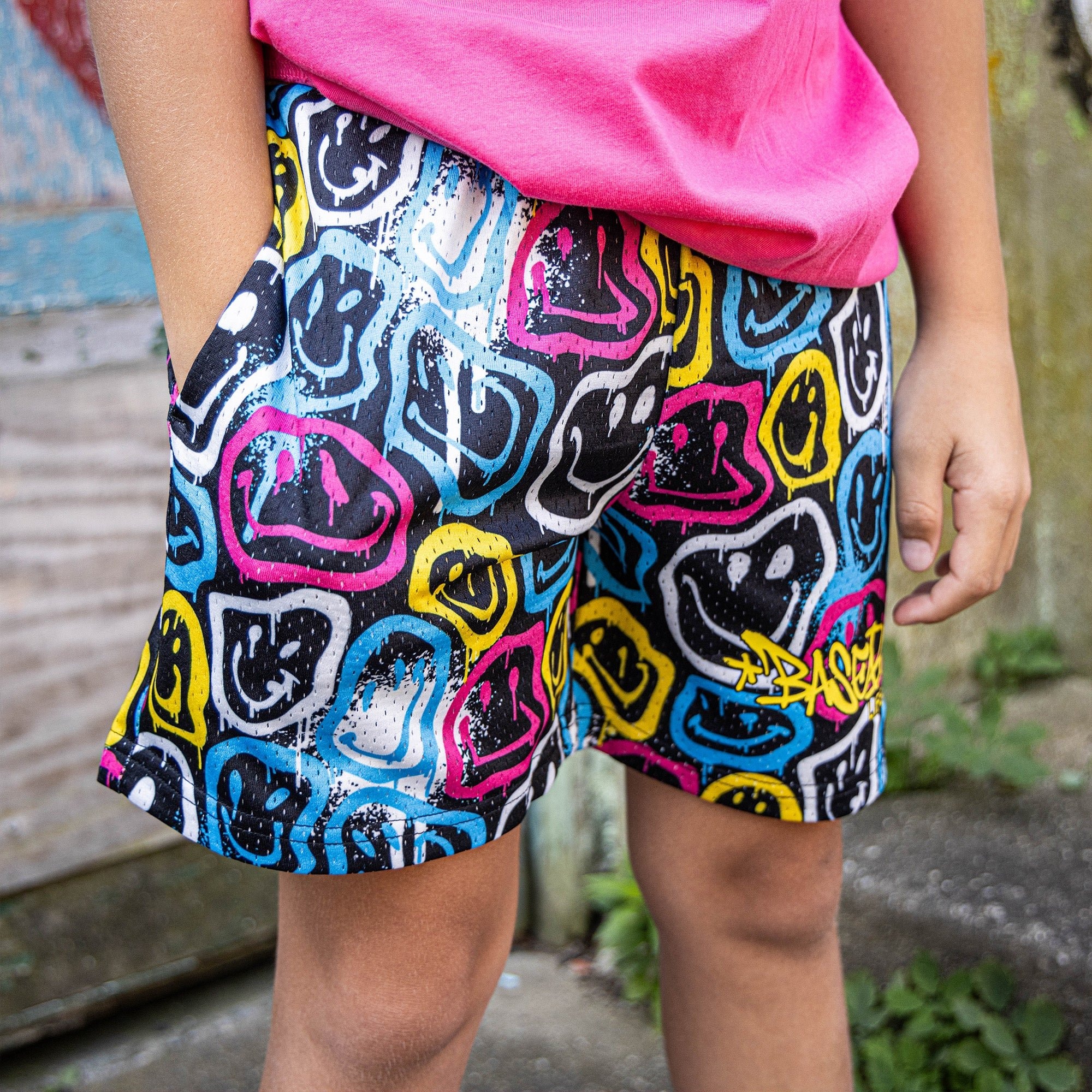 Smiley Slugger Mesh Shorts - Allover Pattern, Side Pockets, 100% Polyester