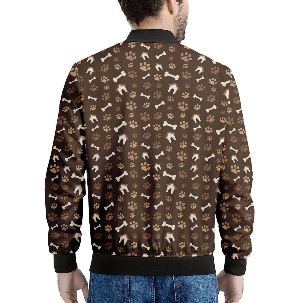 Brown Paw and Bone Pattern Print Men's Bomber Jacket