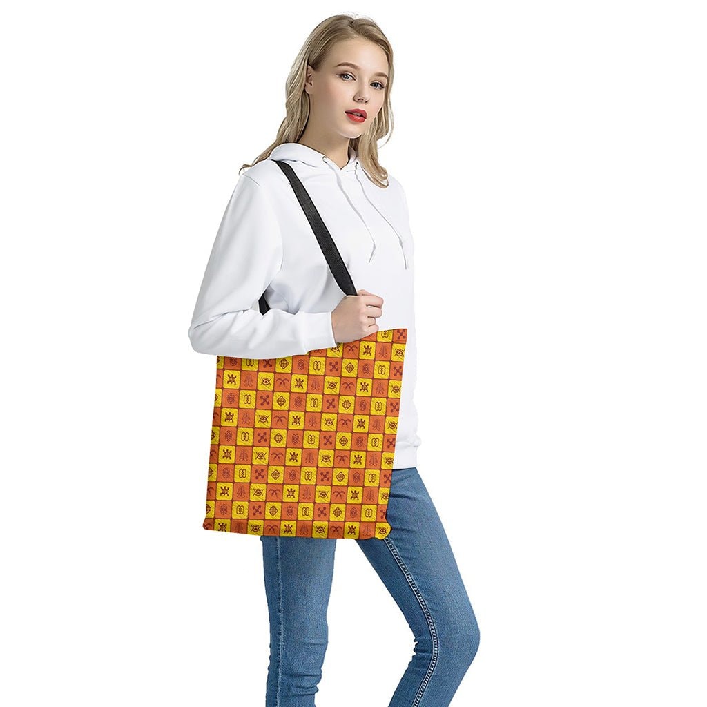 West Adinkra Symbols Pattern Print Tote Bag - Polyester Double-Sided Lightweight