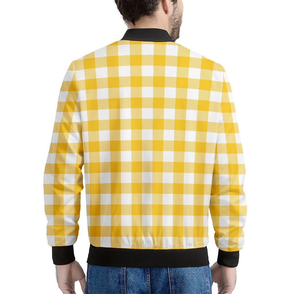 Canary Yellow and White Gingham Print Men's Bomber Jacket