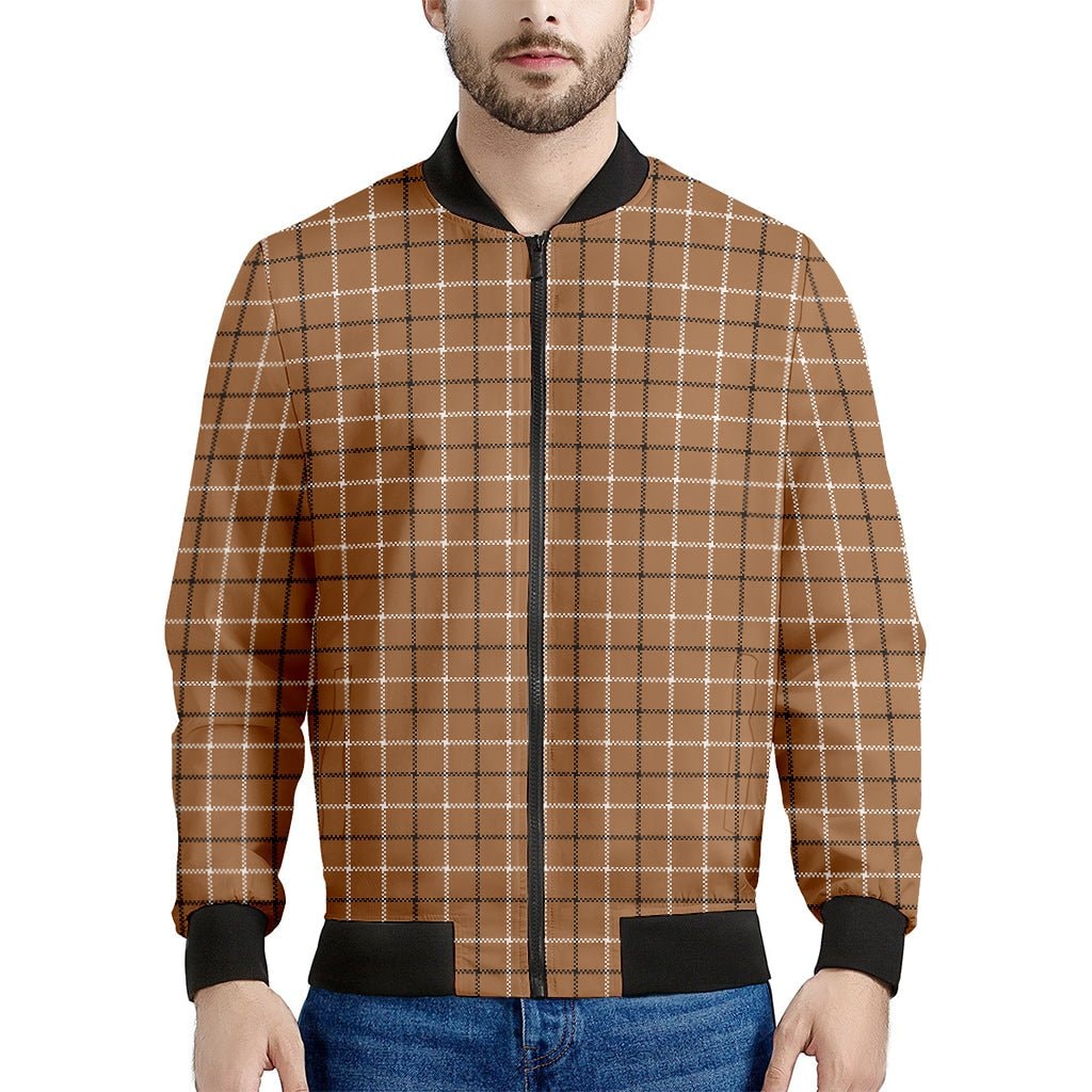 Brown Tattersall Pattern Print Men's Bomber Jacket - Premium Polyester Blend