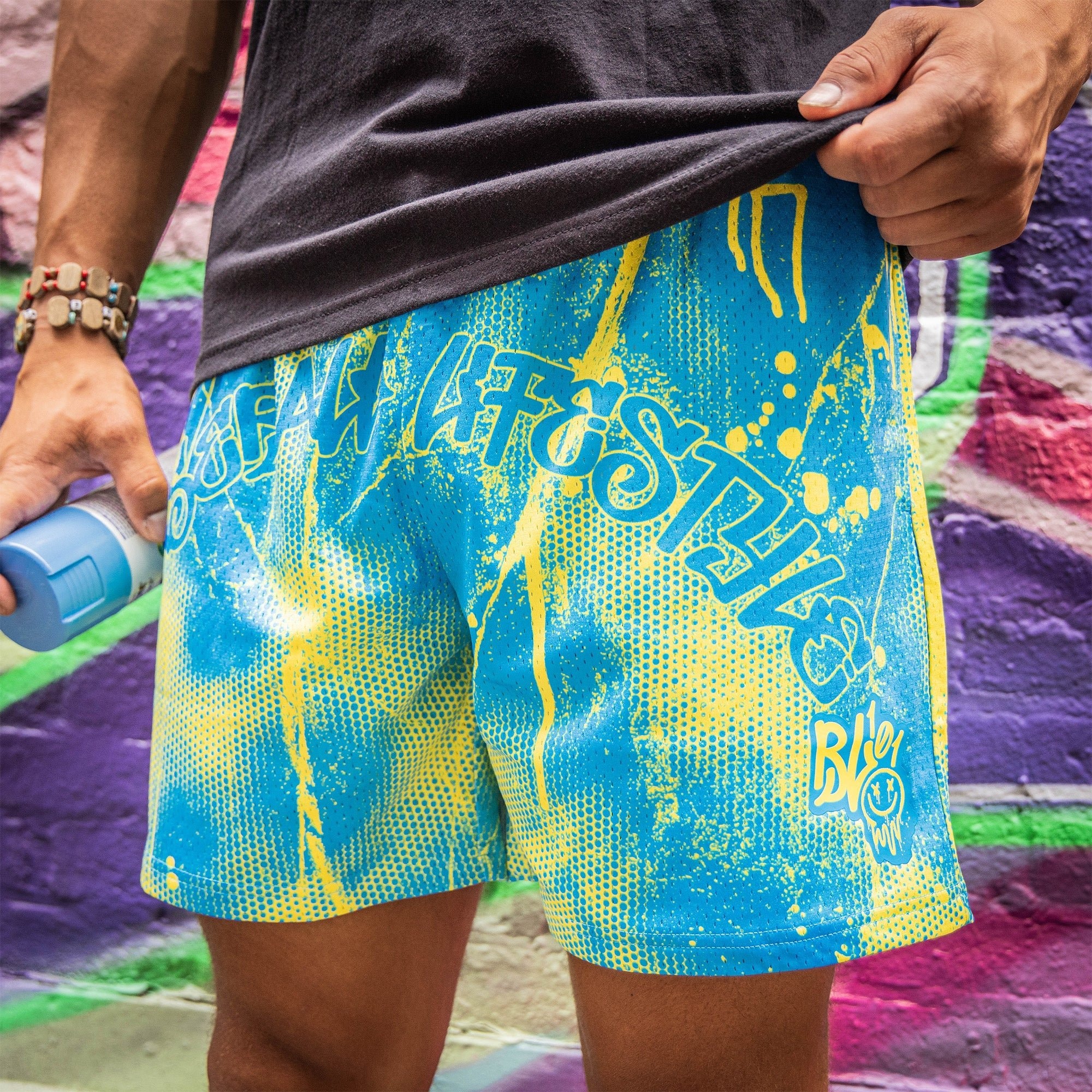 Retro Graffiti Mesh Shorts - Blue/Yellow Athletic Streetwear