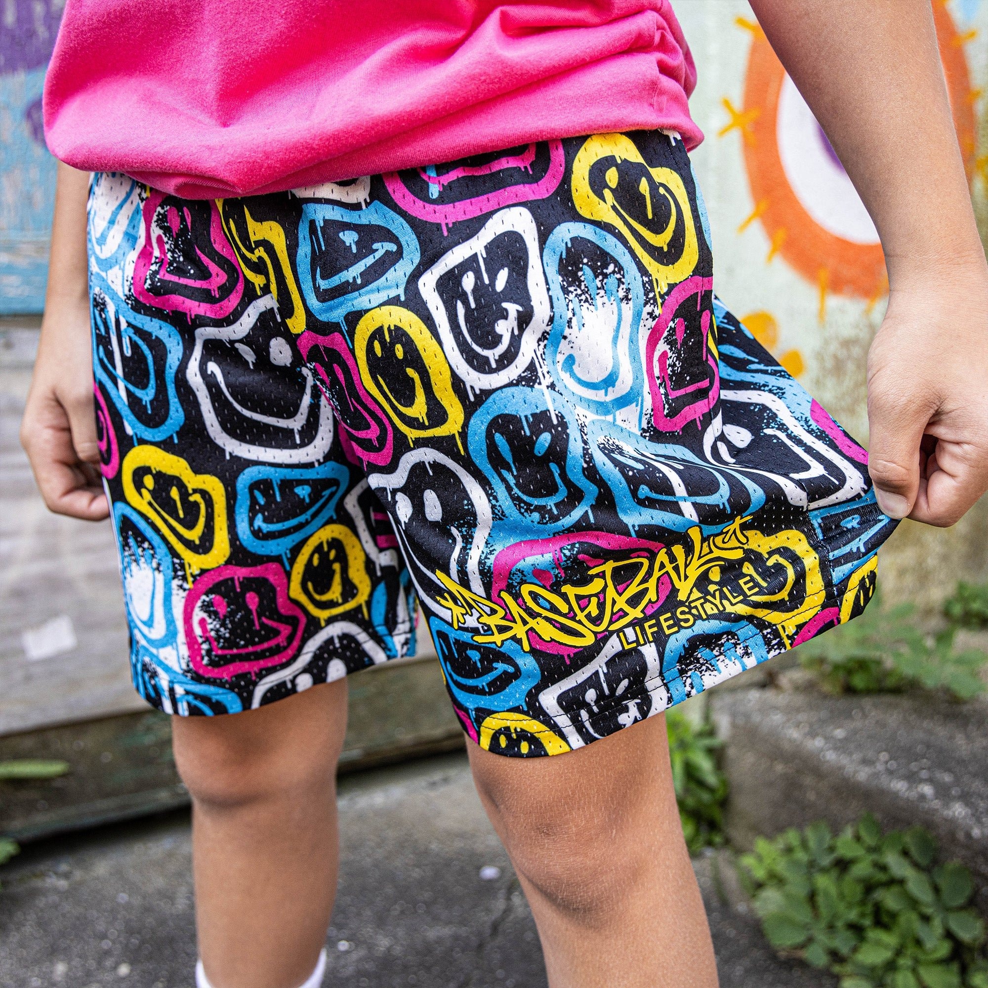 Smiley Slugger Mesh Shorts - Allover Pattern, Side Pockets, 100% Polyester