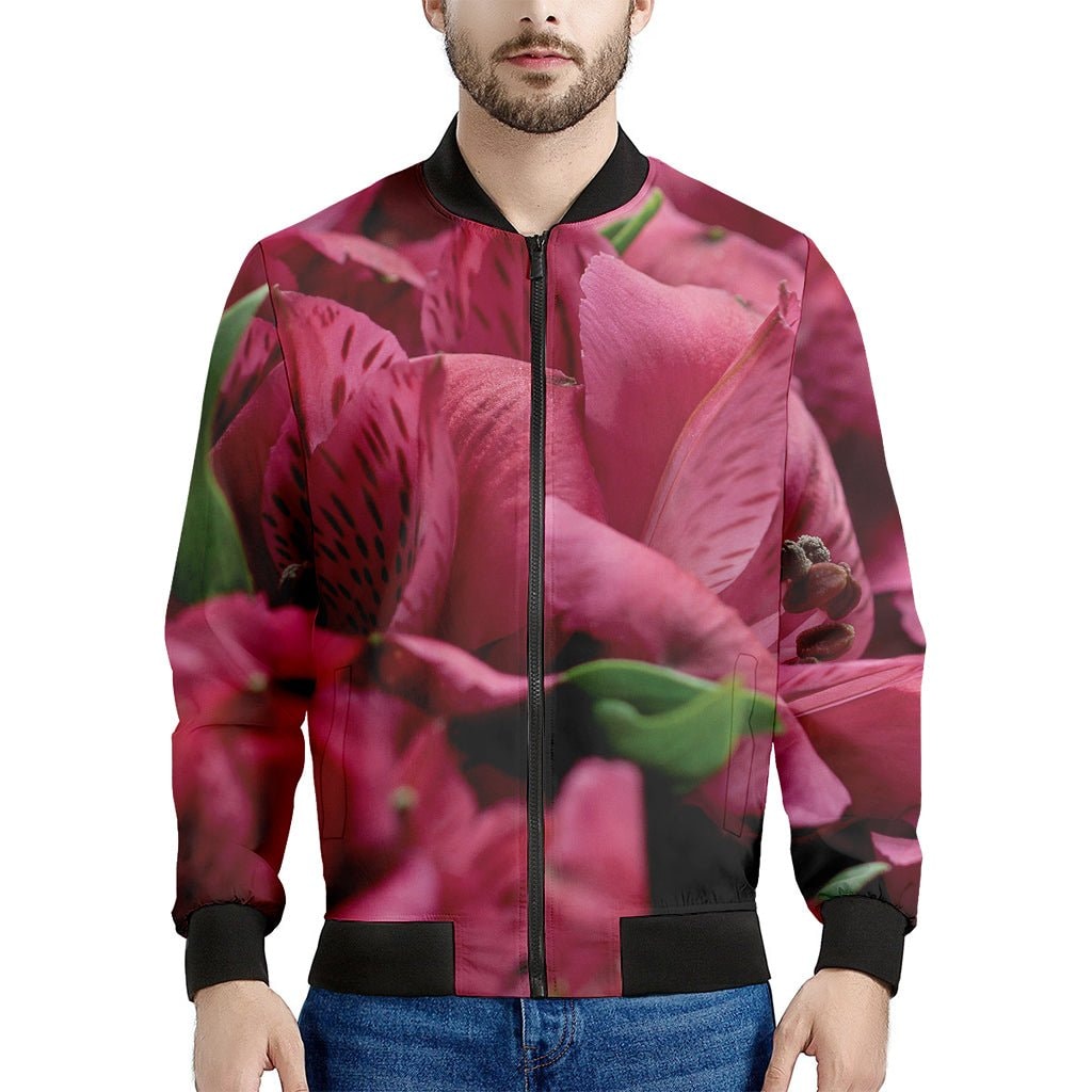 Burgundy Alstroemeria Print Men's Bomber Jacket - Premium Polyester Blend