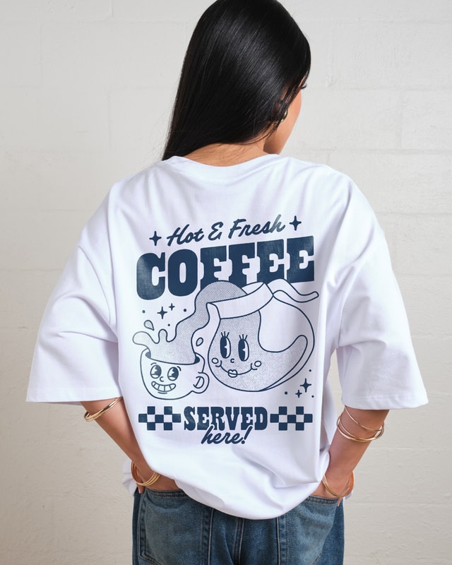 Hot & Fresh Coffee Oversized Graphic Tee - Unisex 90s Boxy Fit 100% Combed Cotton