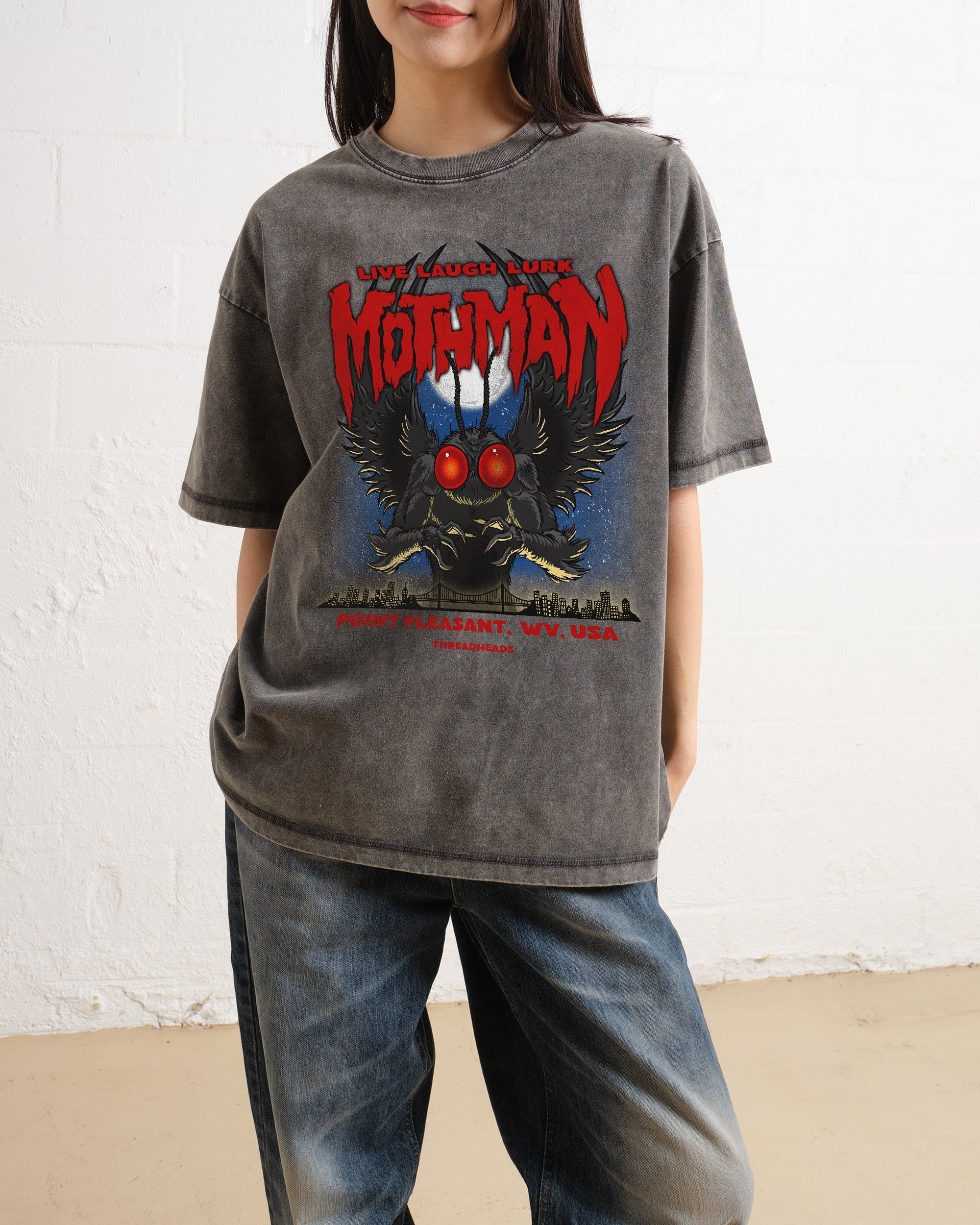 Mothman Live Laugh Lurk Oversized Graphic Tee Unisex 90s Boxy Fit 100% Combed Cotton