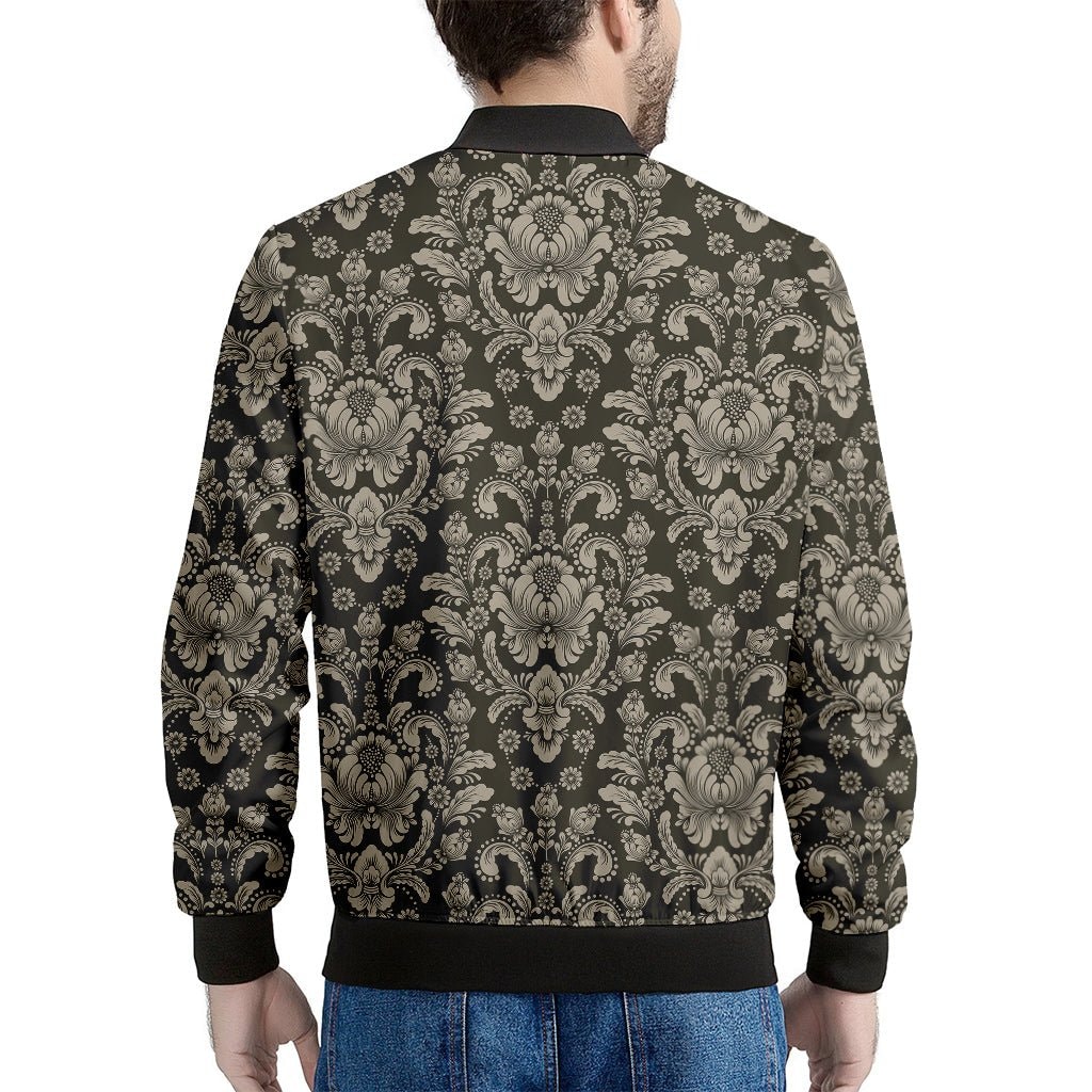 Brown Damask Pattern Print Men's Bomber Jacket - Premium Polyester Blend