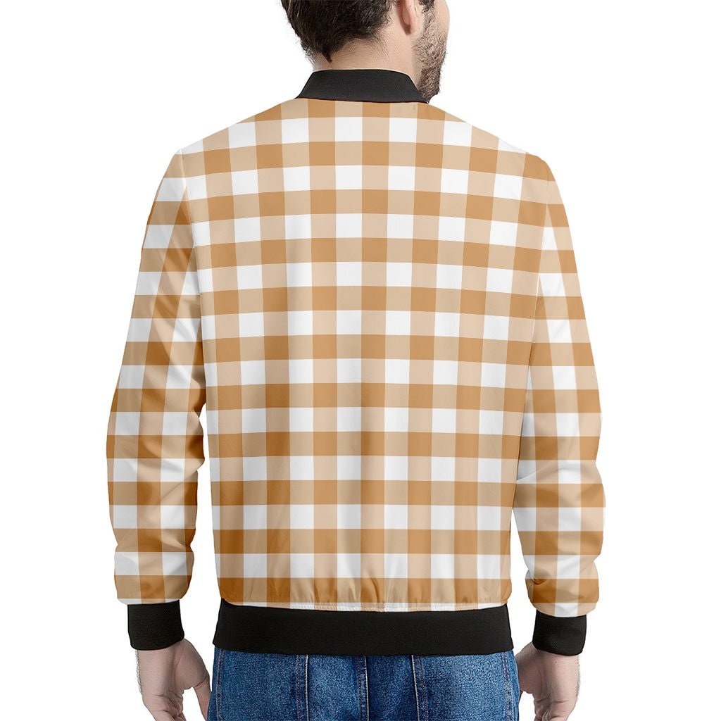 Brown and White Gingham Pattern Print Men's Bomber Jacket