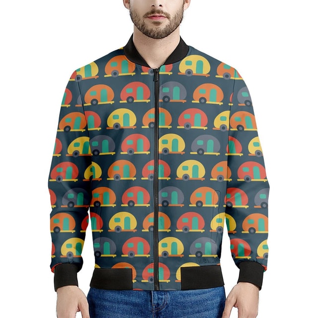 Camping Van Pattern Print Men's Bomber Jacket - Premium Polyester Blend