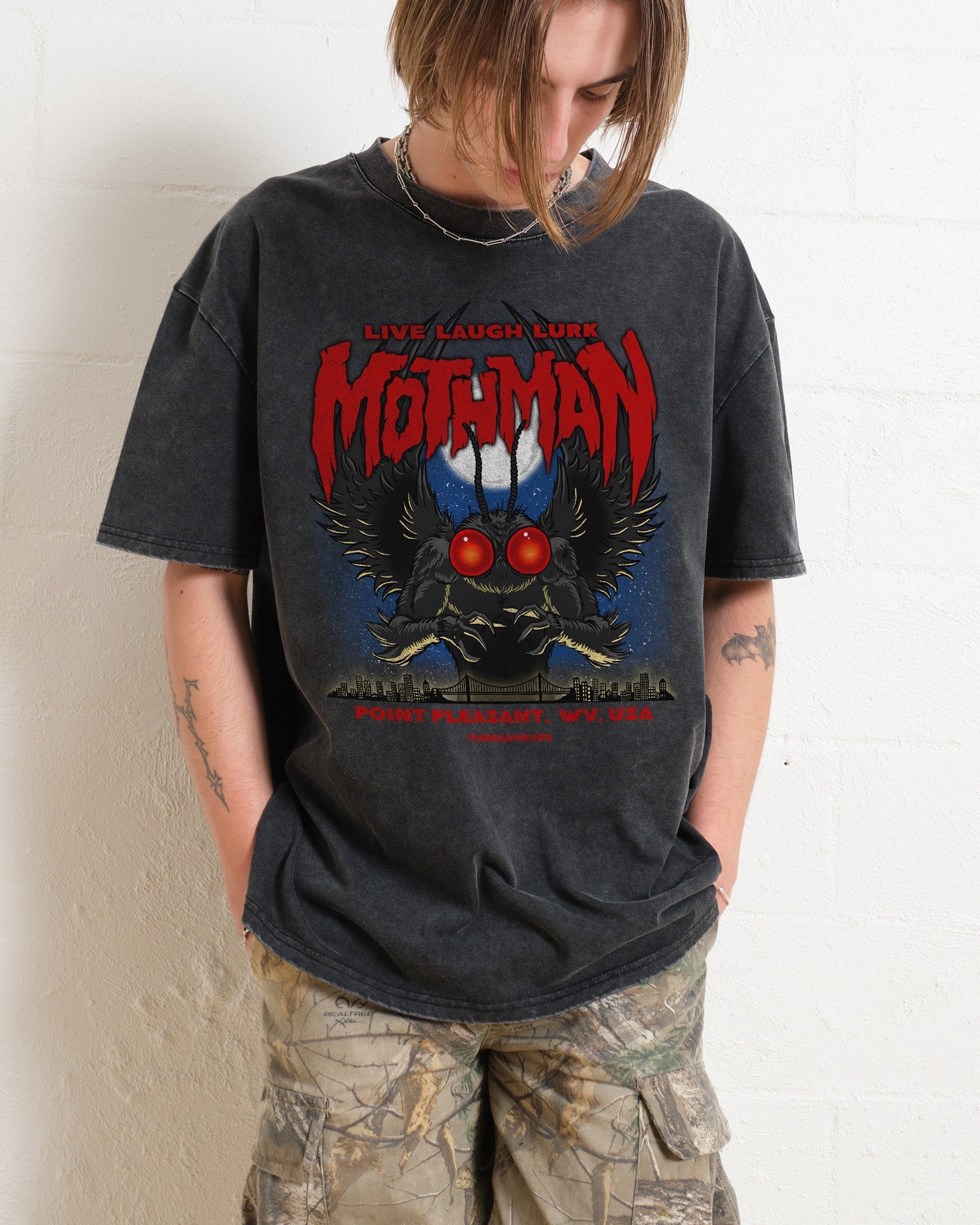 Mothman Live Laugh Lurk Oversized Graphic Tee Unisex 90s Boxy Fit 100% Combed Cotton