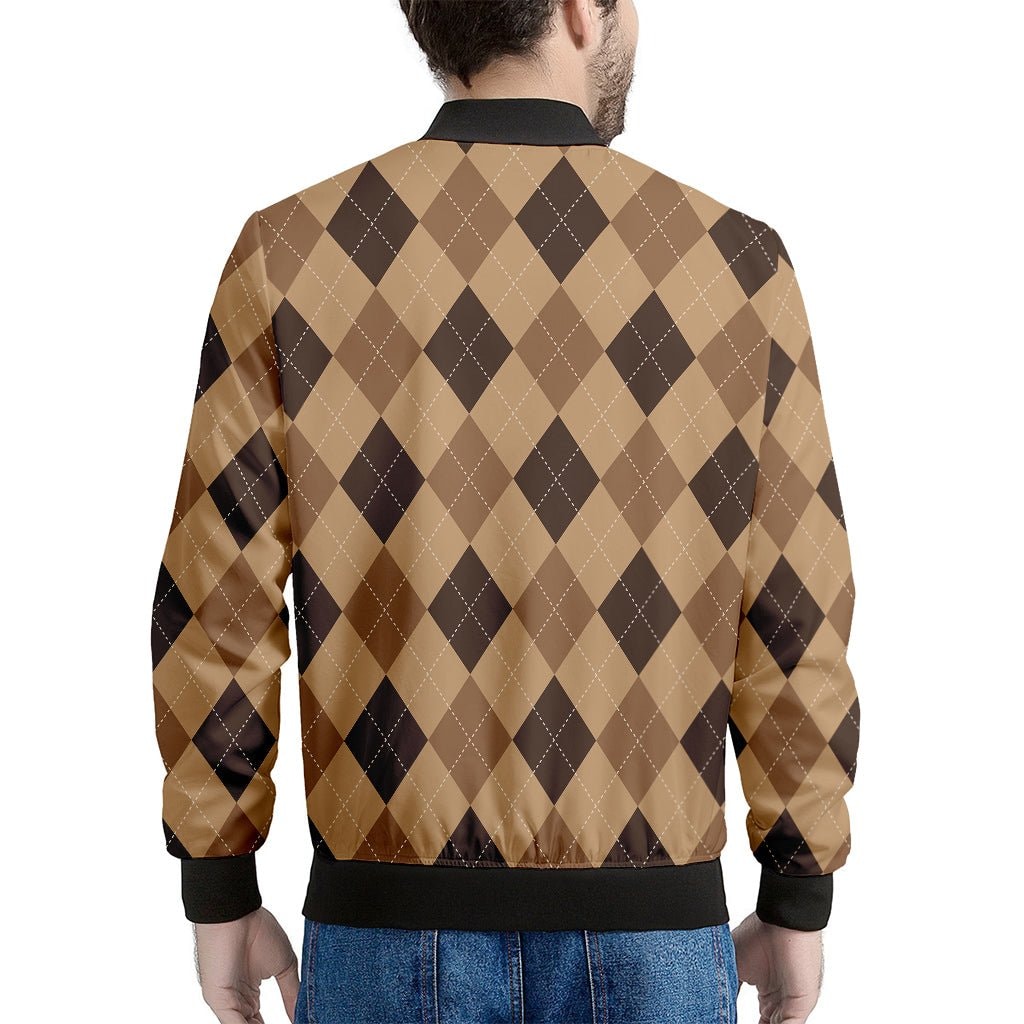 Brown Argyle Pattern Print Men's Bomber Jacket - Premium Polyester Blend