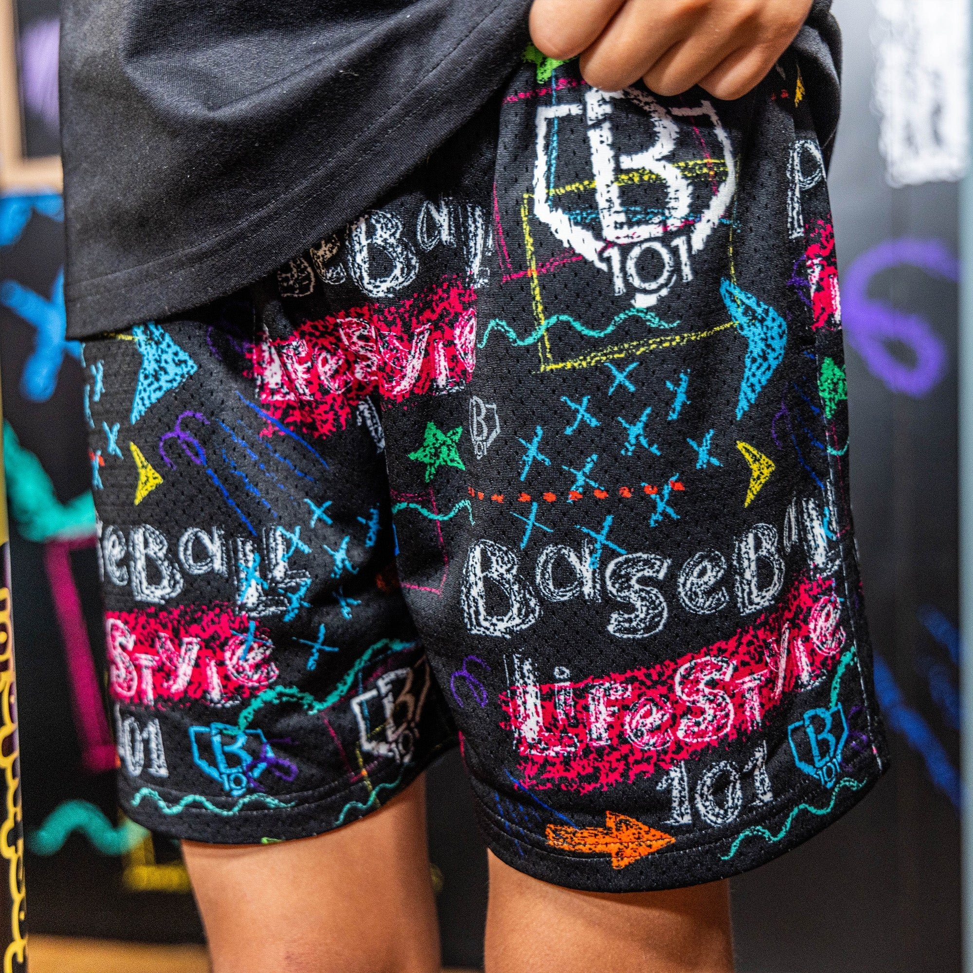 Chalkboard Shorts - Baseball Lifestyle Mesh Athletic Shorts with Allover Pattern