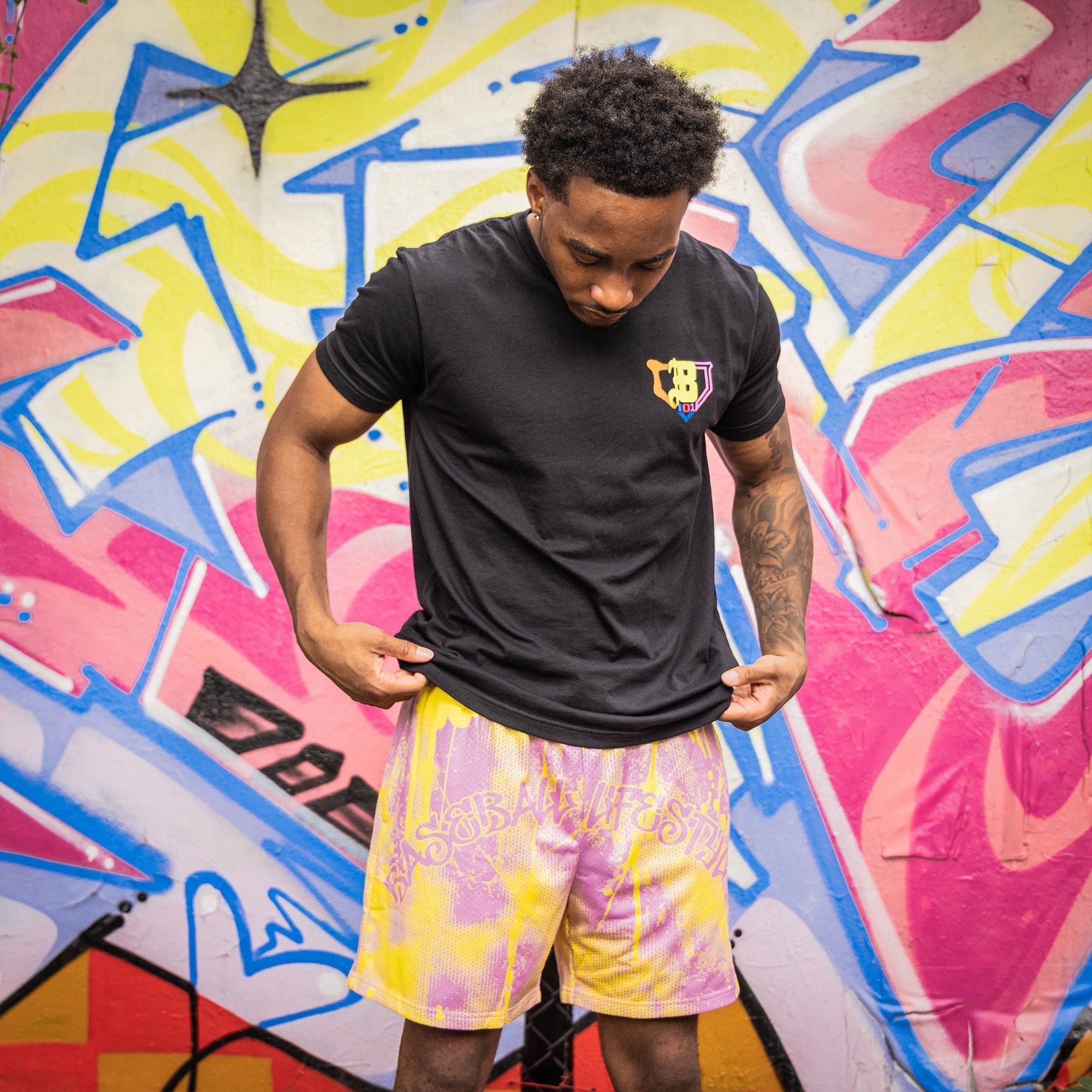 Retro Graffiti Shorts Pink Yellow Mens Athletic Mesh Performance Shorts